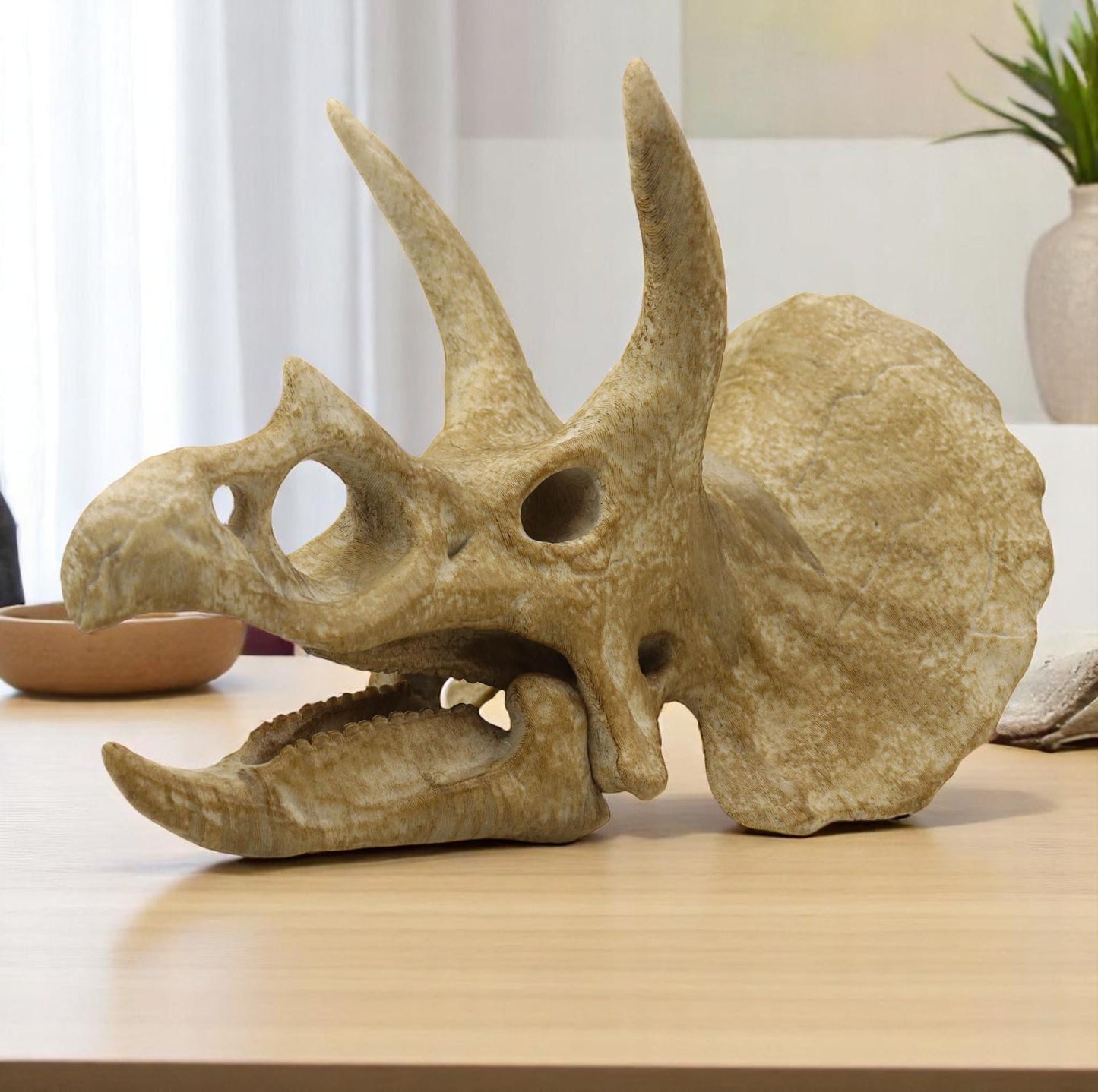 Handpainted Triceratops Skull Replica: Prehistoric Fossil Decor