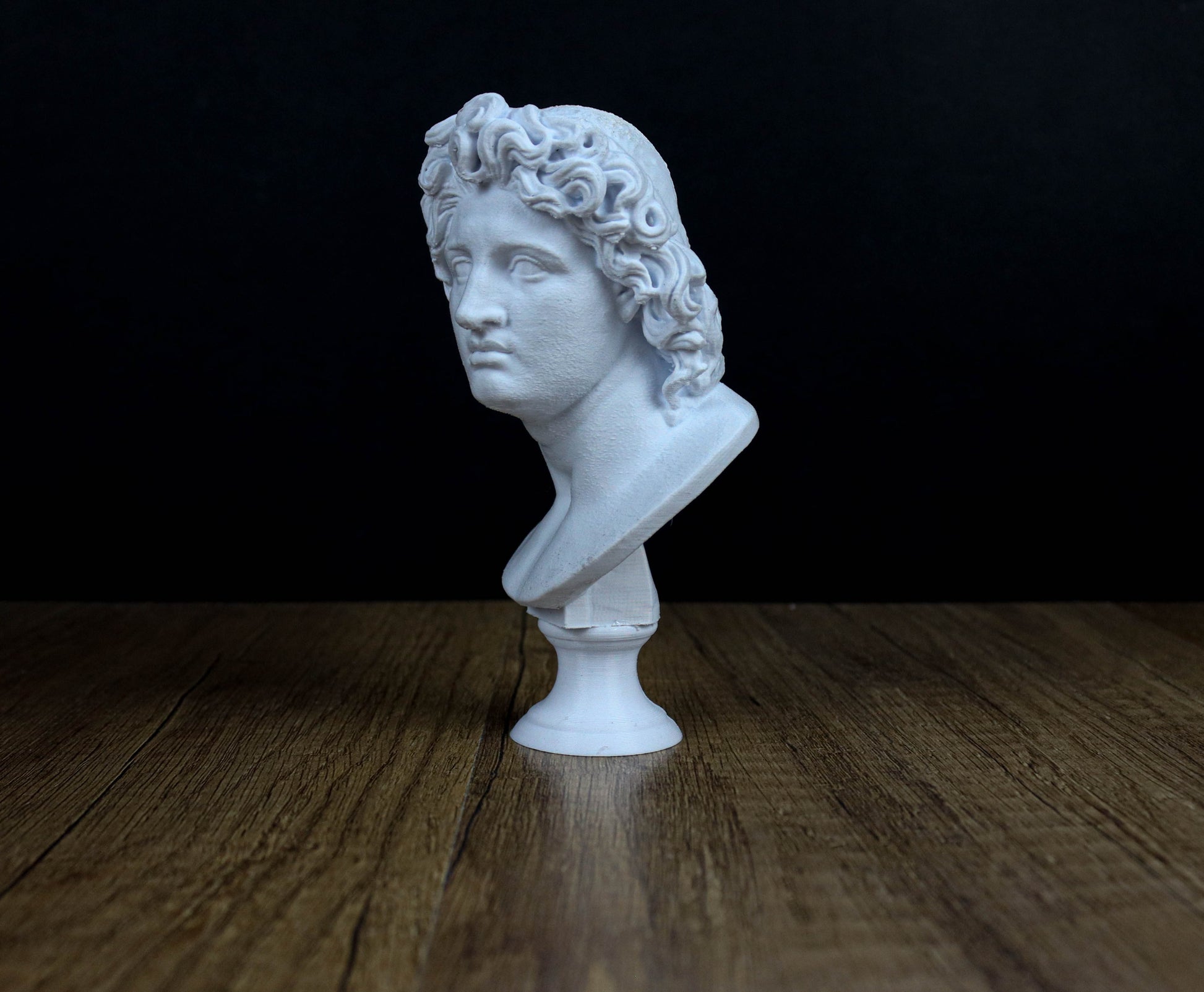A white bust of a classical figure is displayed on a wooden surface against a dark background.