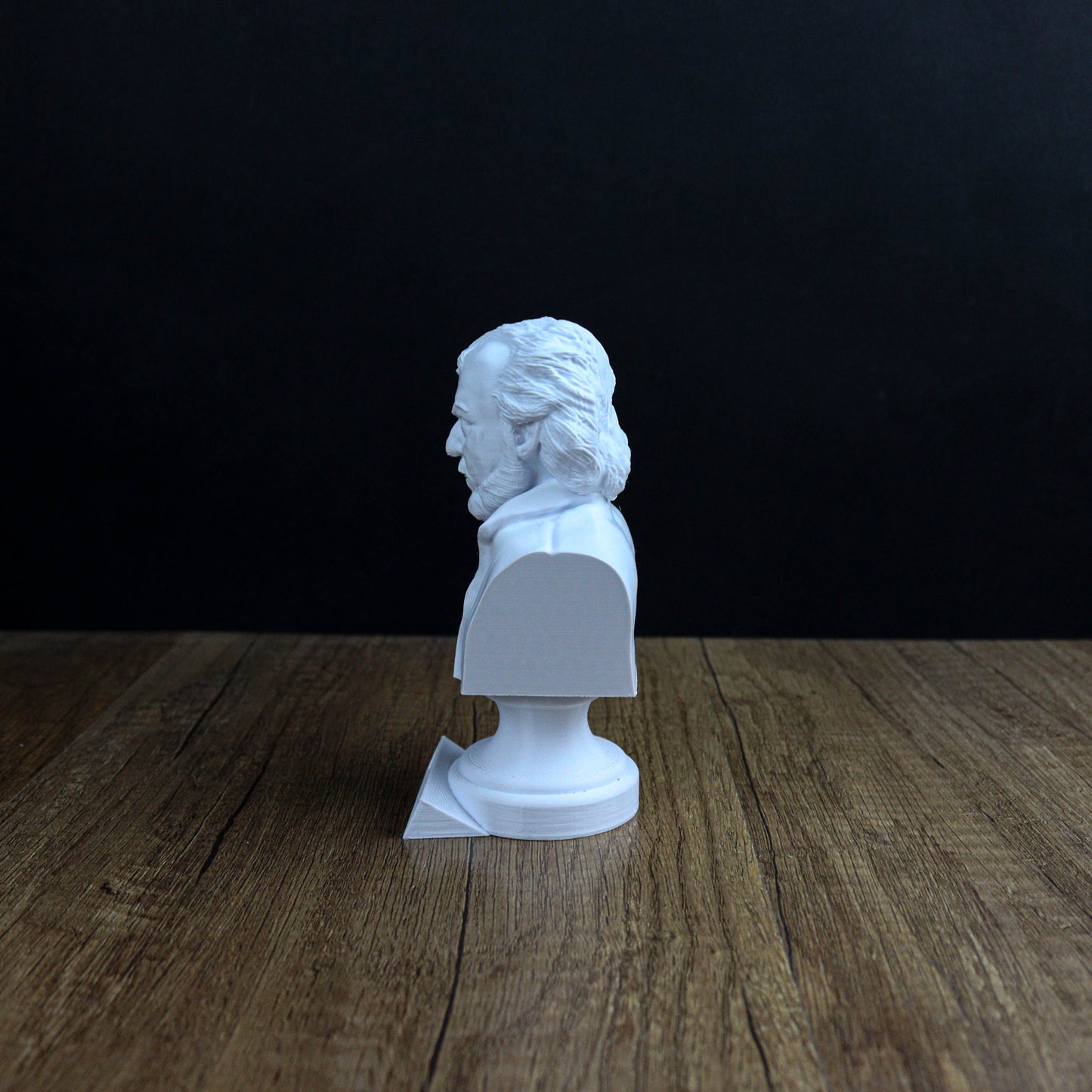A white bust of a person is sitting on a wooden surface against a dark background.