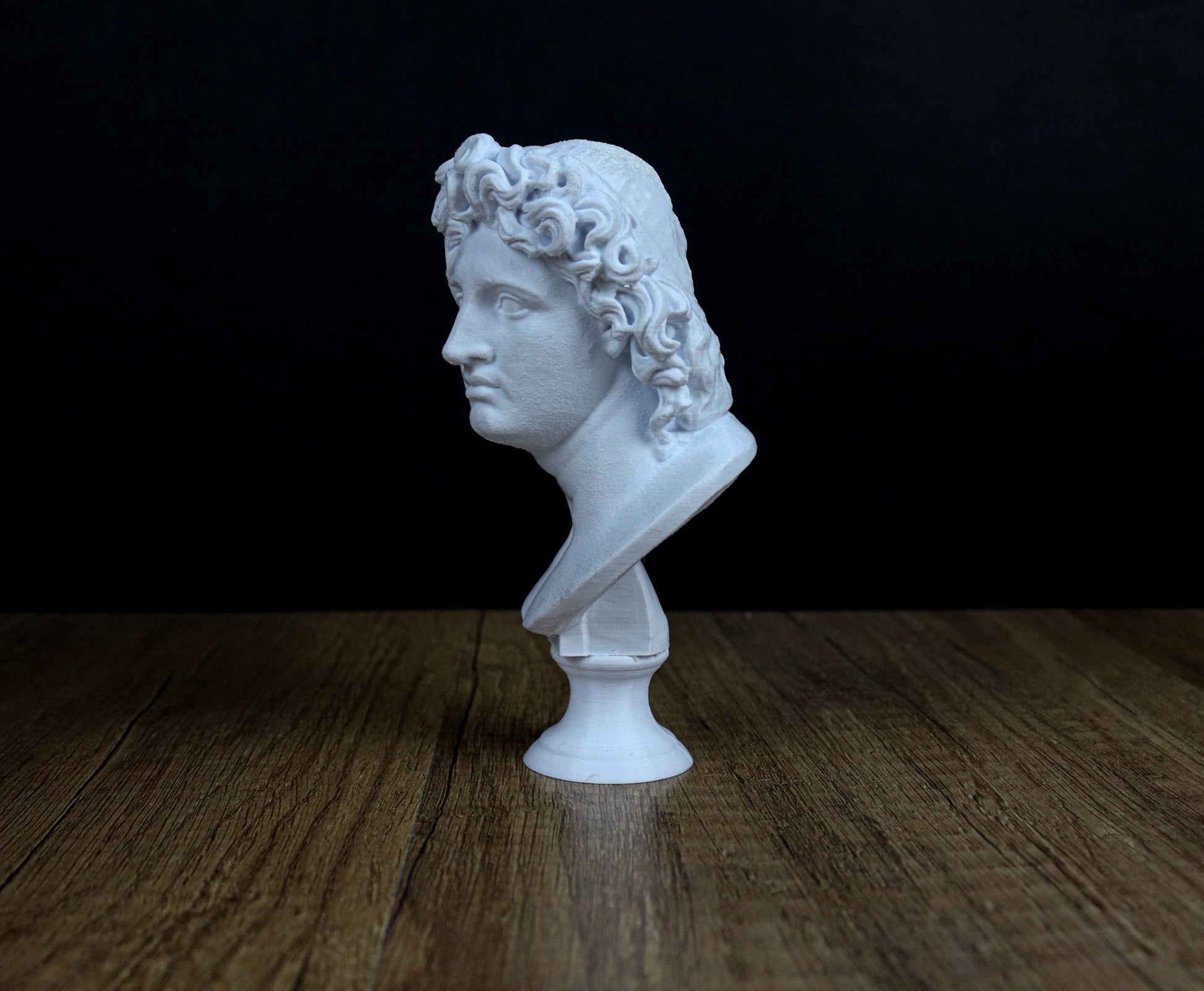 A white bust of a classical figure, likely a historical or mythological figure, is displayed on a wooden surface against a dark background.