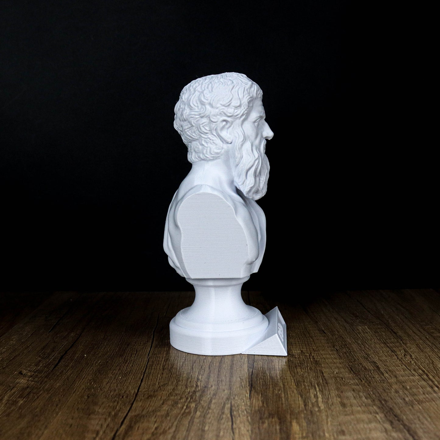 A white bust of a bearded man is displayed on a wooden surface against a black background.
