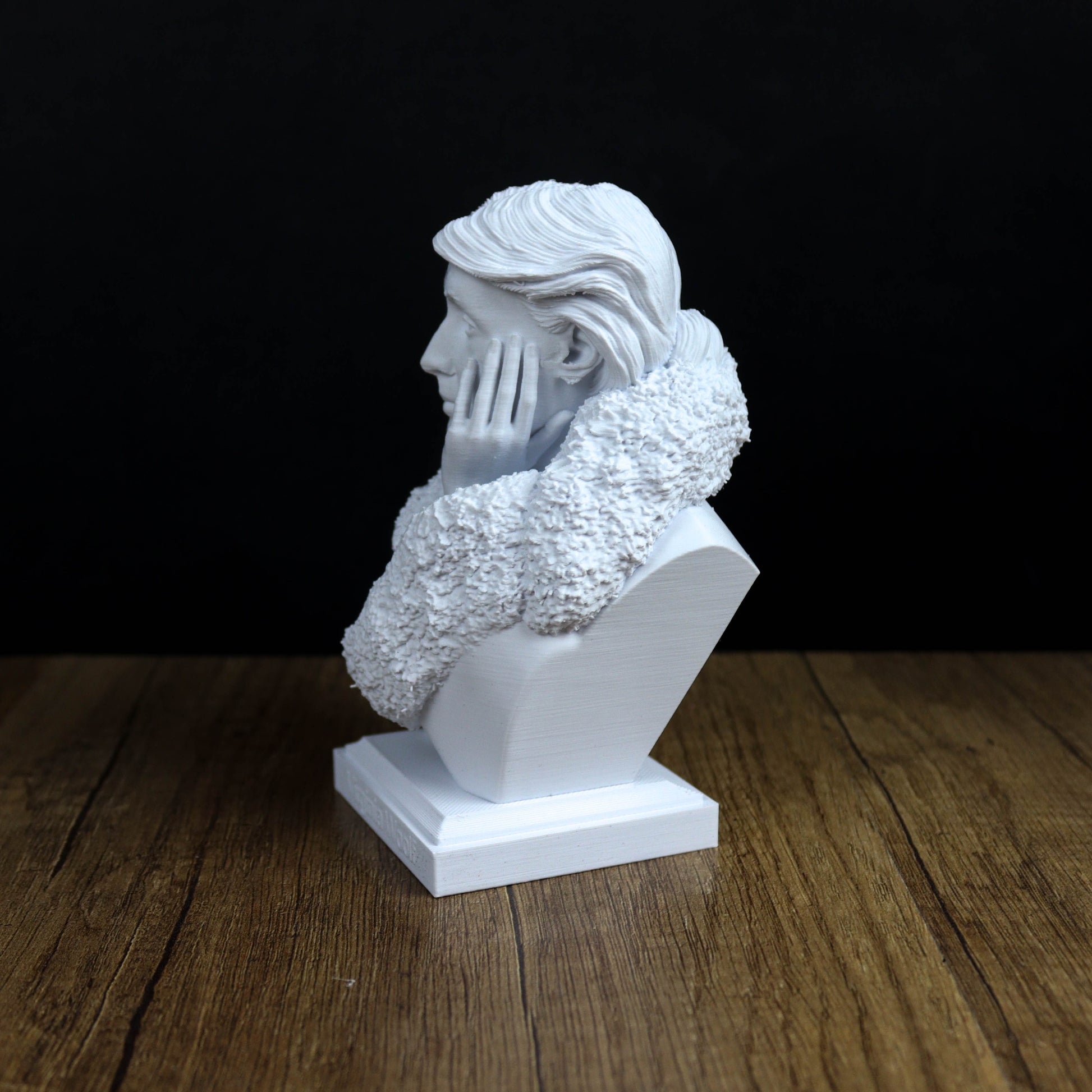 A white bust sculpture of a woman's face is displayed on a wooden surface against a black background.