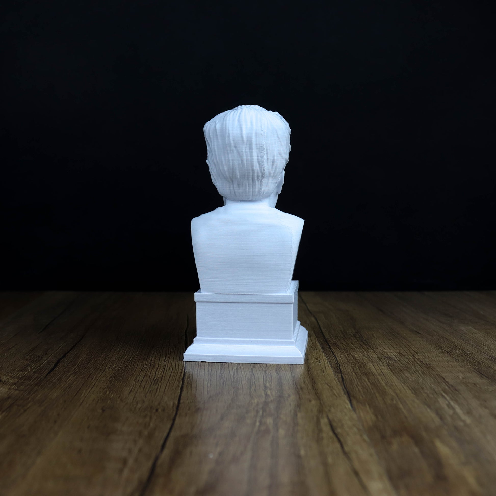 A white bust of a person is sitting on a wooden surface against a dark background.