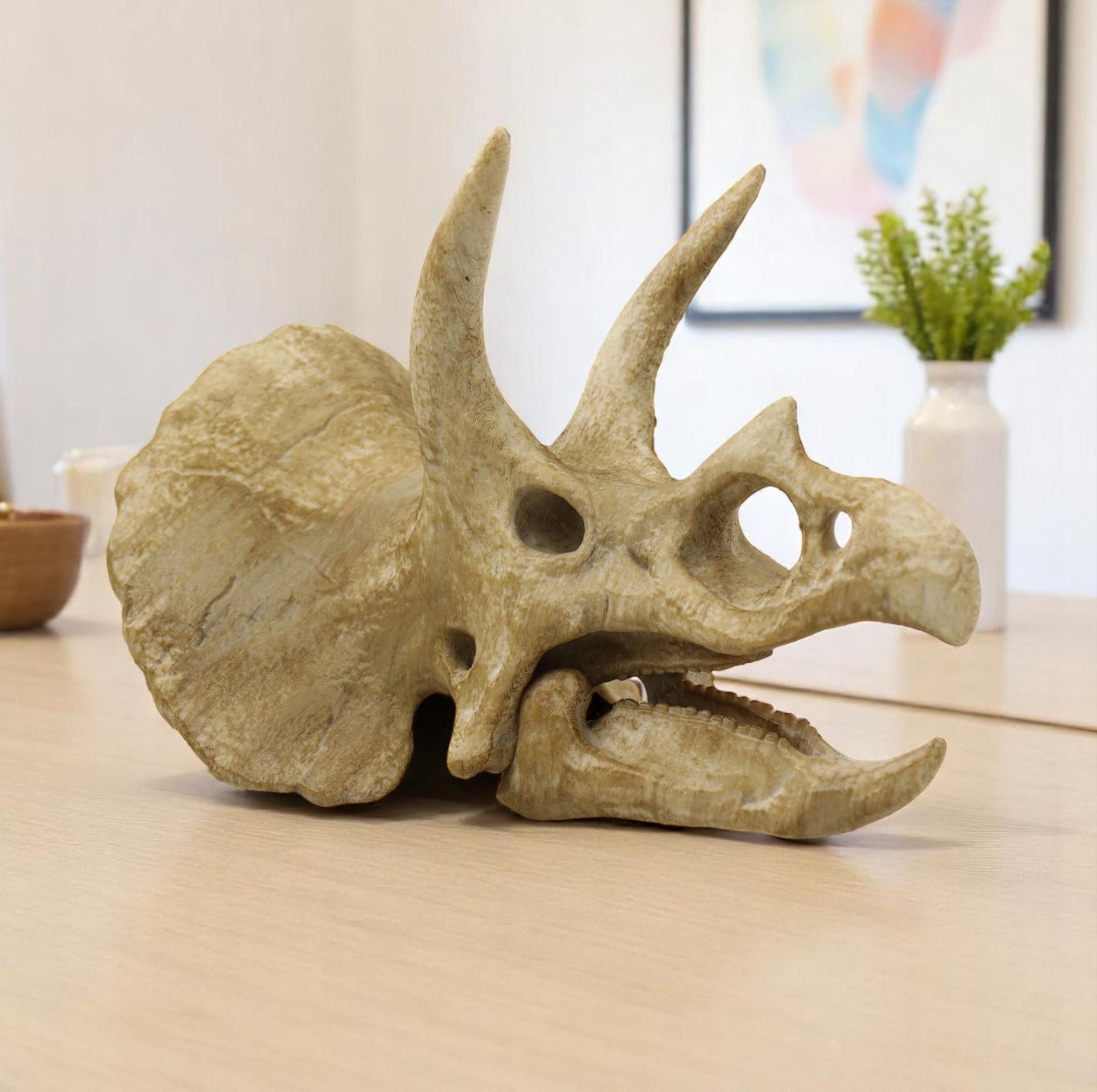 Handpainted Triceratops Skull Replica: Prehistoric Fossil Decor