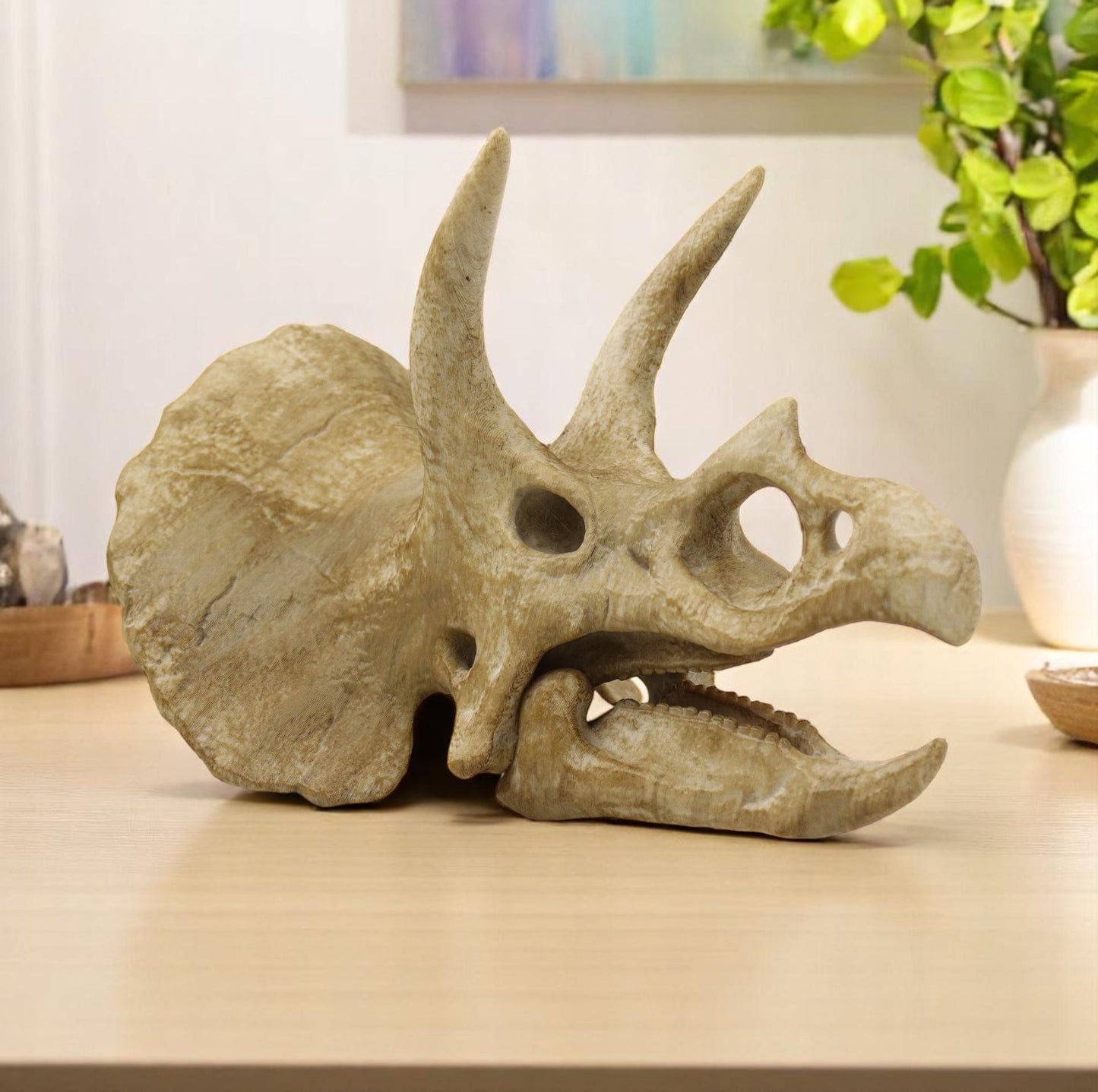 Handpainted Triceratops Skull Replica: Prehistoric Fossil Decor