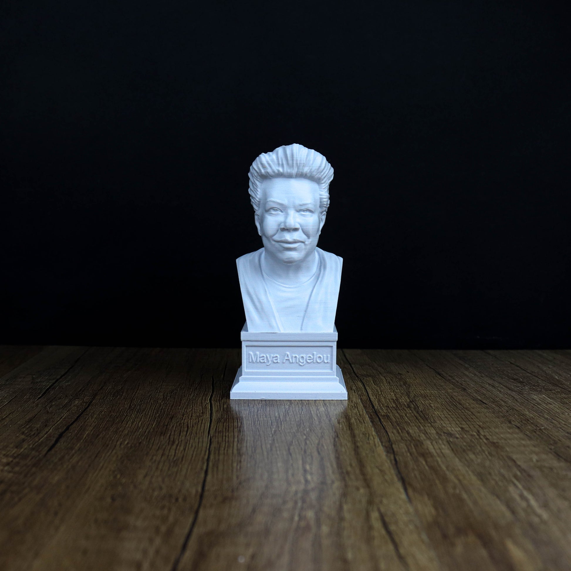 A white bust of a person, likely a historical figure, is displayed on a wooden surface against a dark background.
