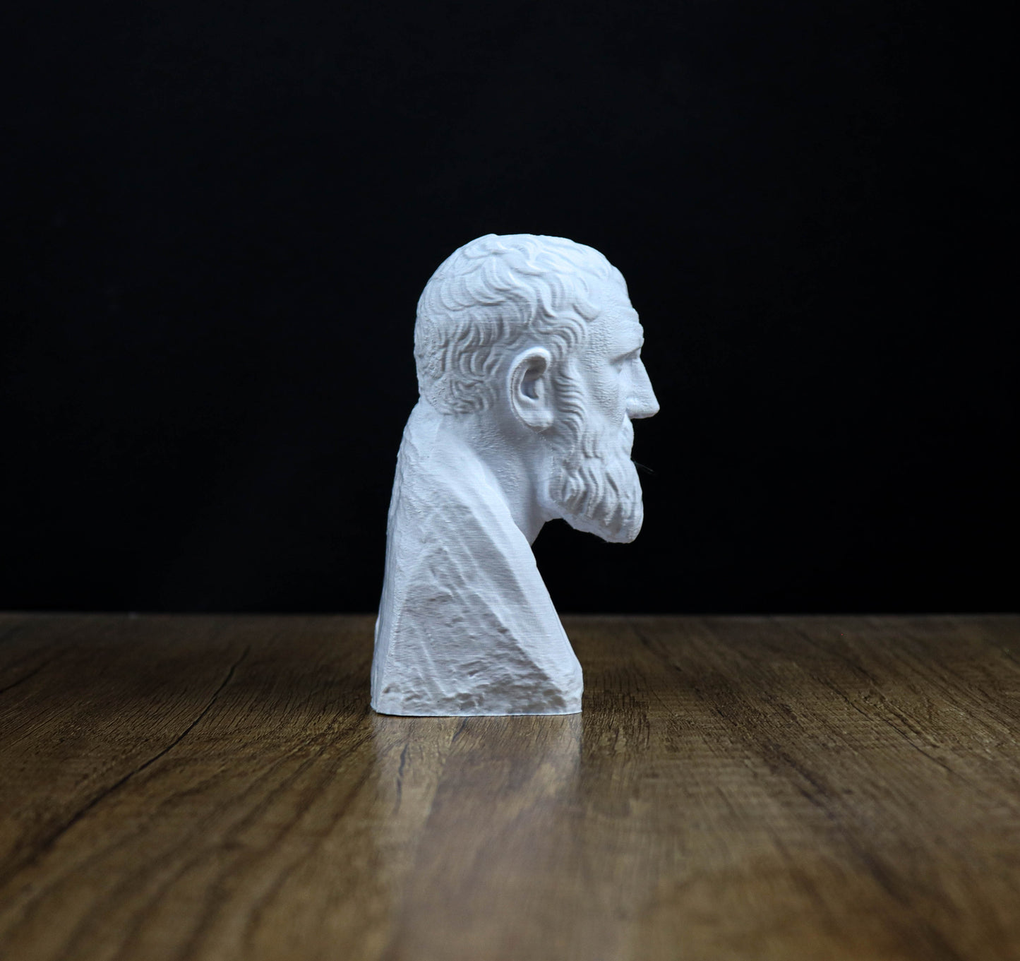A white bust of a bearded man is displayed on a wooden surface against a black background.