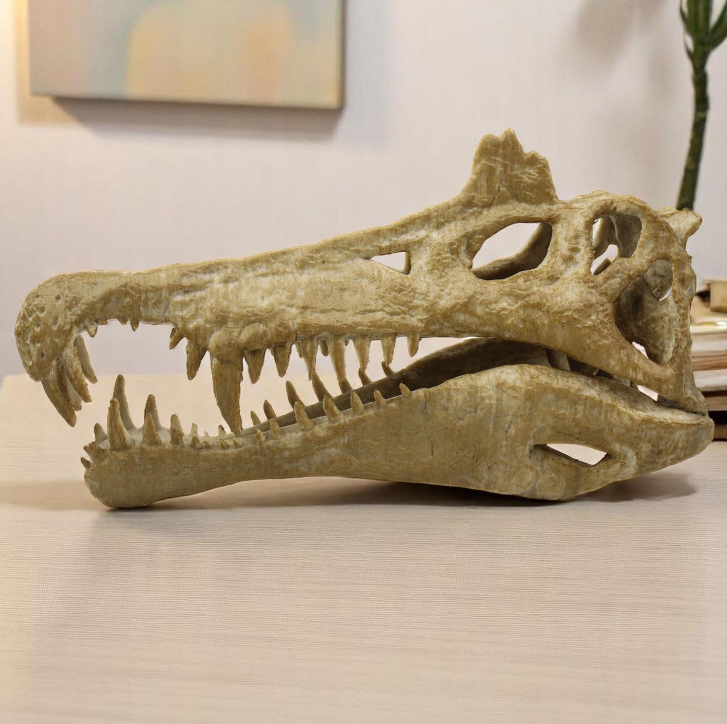Handpainted Spinosaurus Skull Replica: Aged Dinosaur Fossil Decor