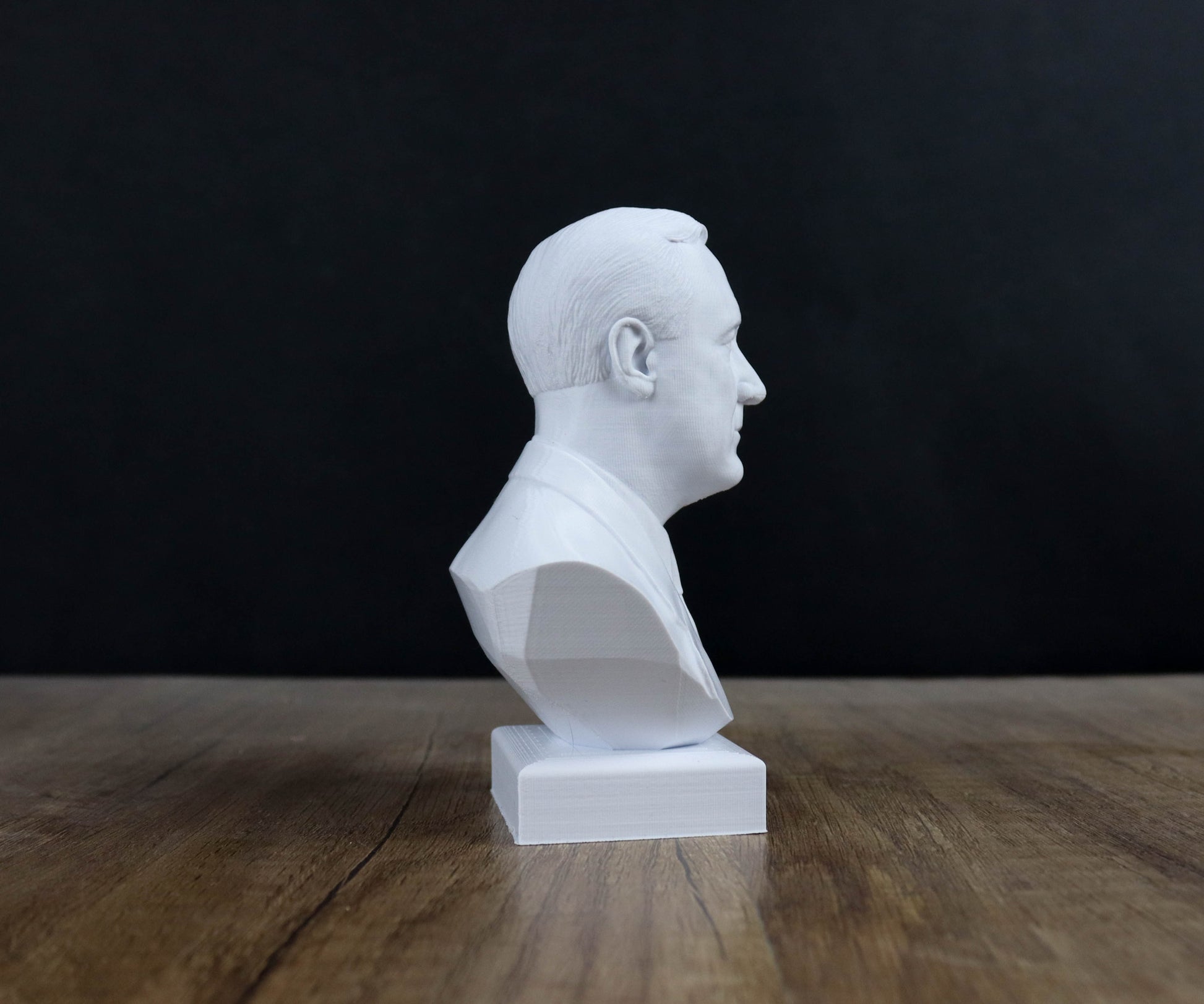 A white bust of a man's head is displayed on a wooden surface against a dark background.