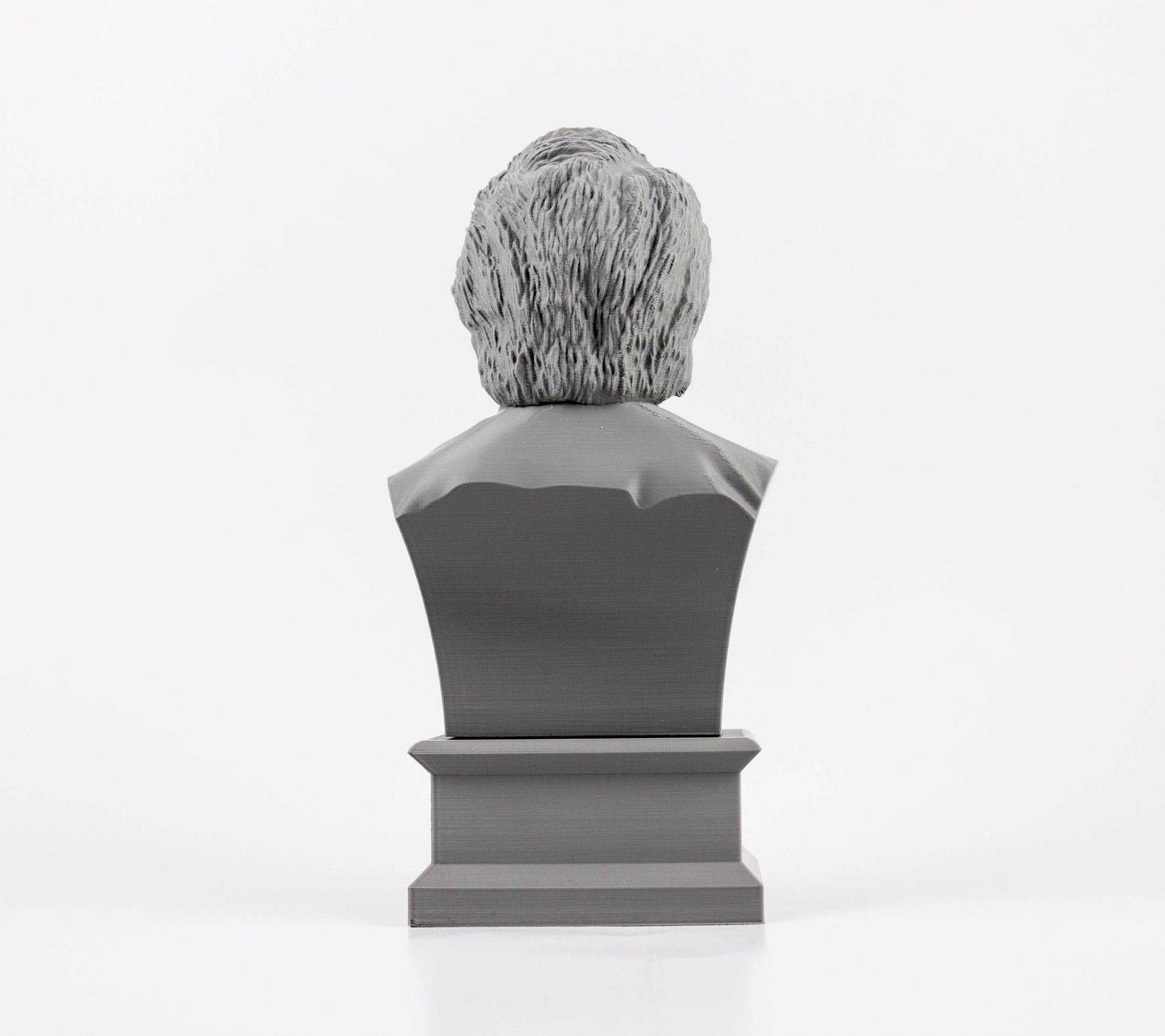 A gray bust sculpture of a person's head facing away from the camera.