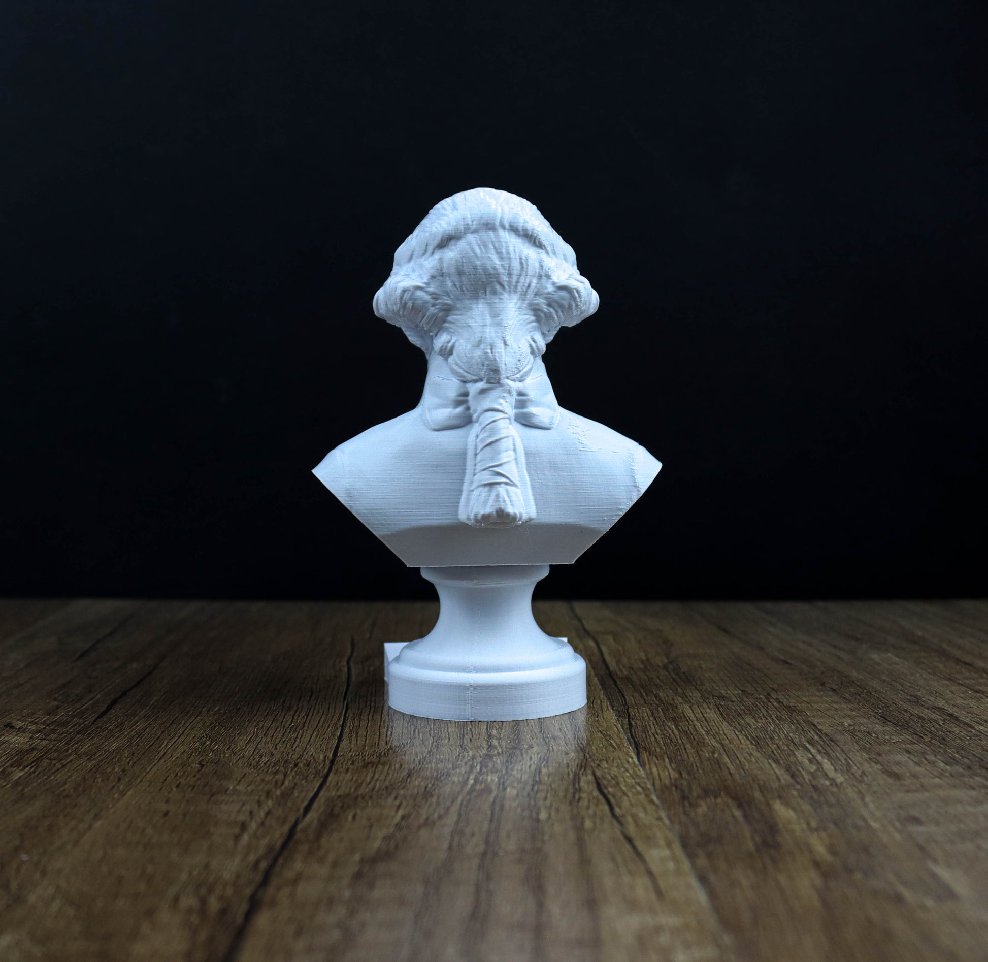 A white bust of a person is displayed on a wooden surface against a dark background.