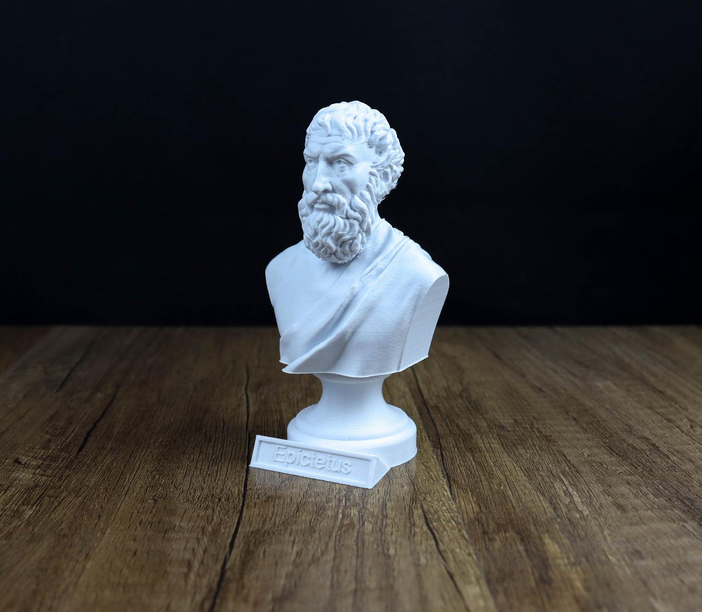 A white bust of a bearded man, likely depicting the Greek poet Homer, is displayed on a wooden surface against a black background.