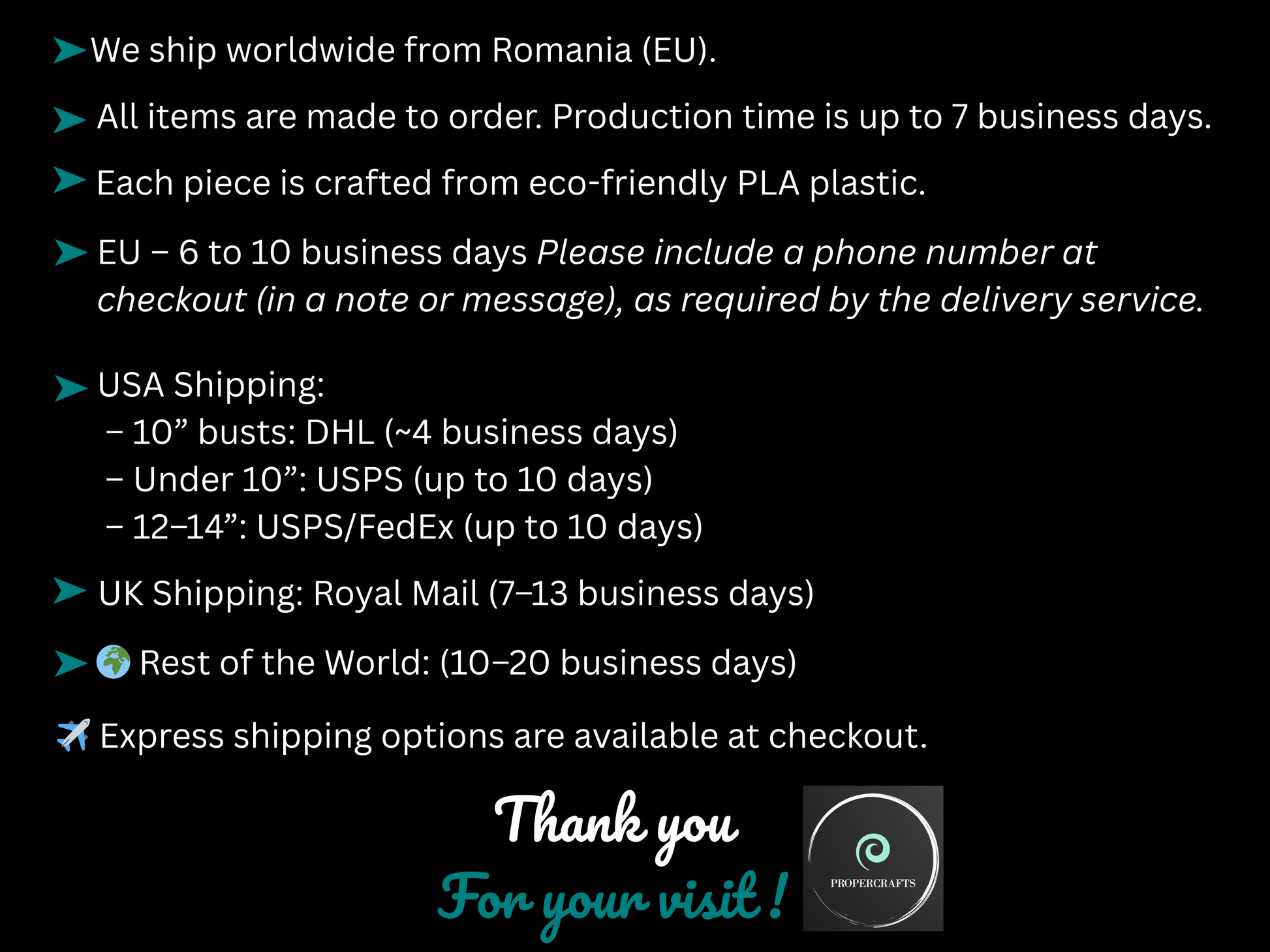 a black background with the words, we ship world from romania eu all items are