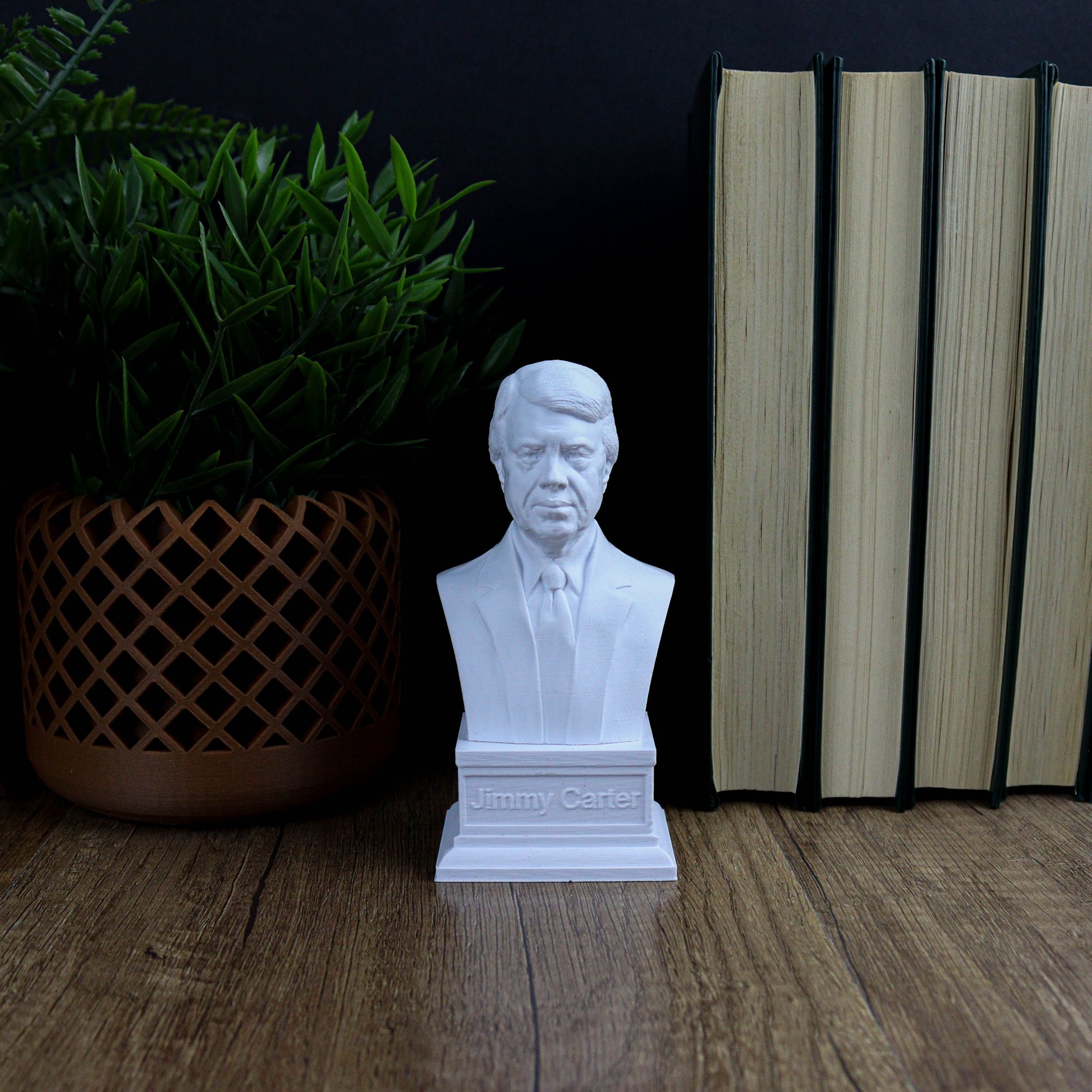 A white bust of a man is displayed on a wooden surface, surrounded by a potted plant and a stack of books.