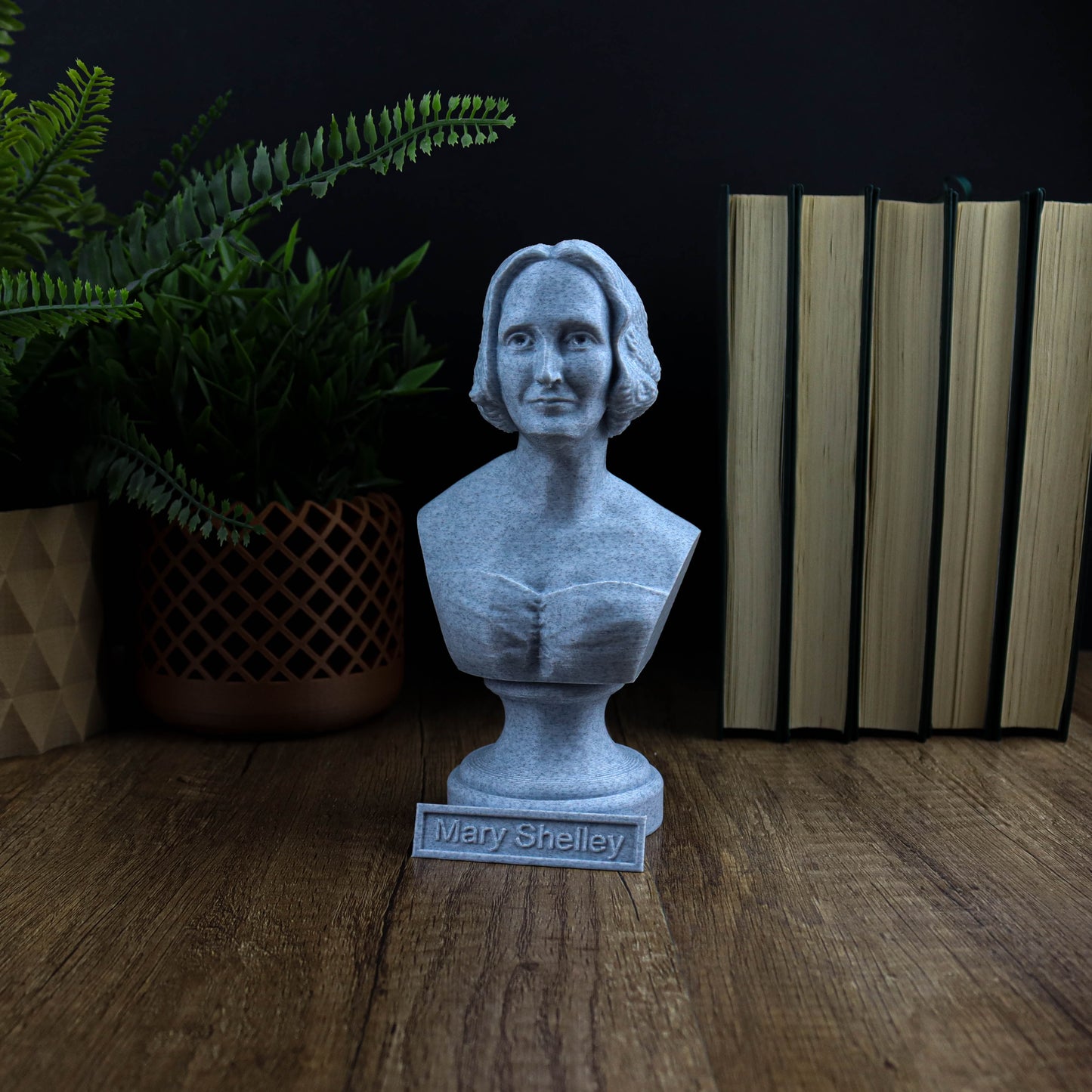 A bust of a woman is displayed on a wooden surface, surrounded by a potted plant, books, and a small plaque with the name "Mary Shelley".