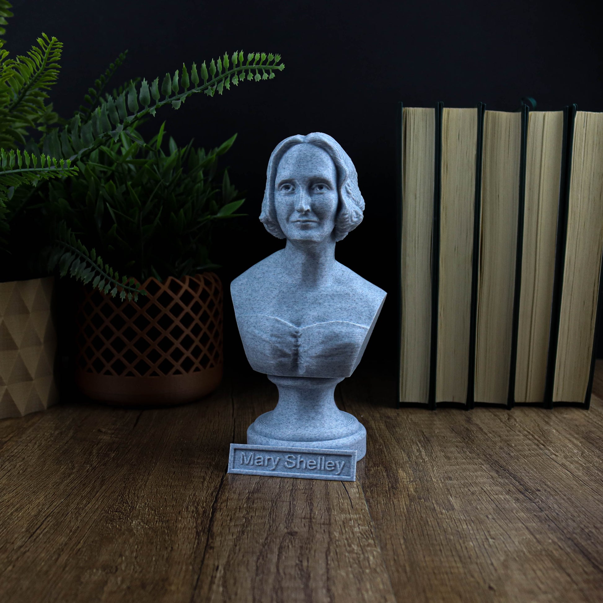 A bust of a woman is displayed on a wooden surface, surrounded by a potted plant, books, and a small plaque with the name "Mary Shelley".
