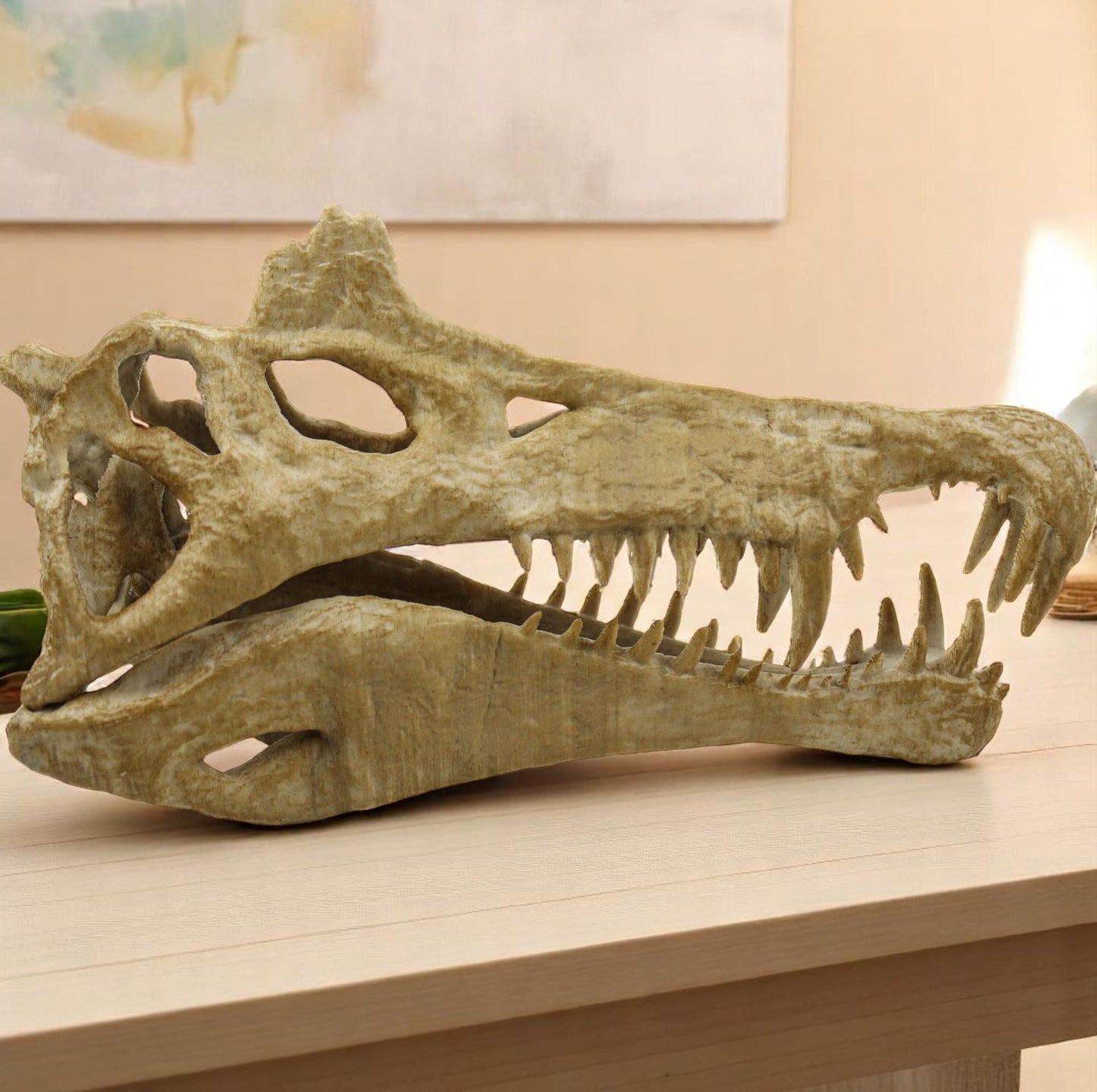 Handpainted Spinosaurus Skull Replica: Aged Dinosaur Fossil Decor