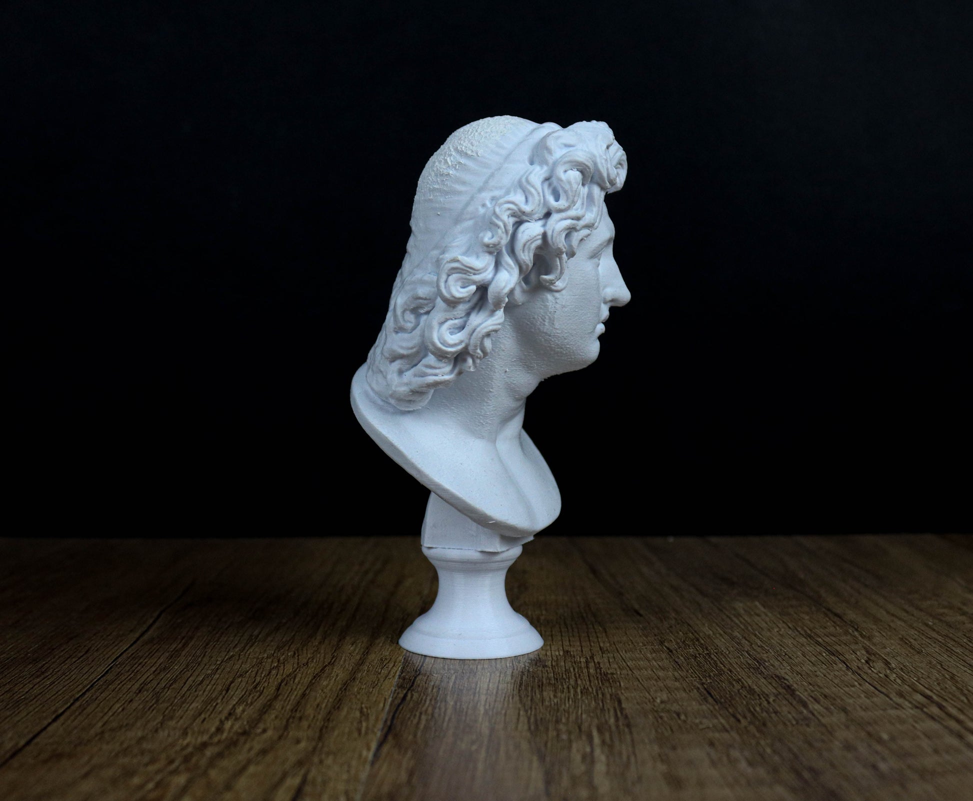 A white bust of a classical figure, likely a sculpture, is displayed on a wooden surface against a dark background.