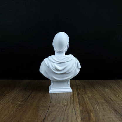 A white bust of a person is displayed on a wooden surface against a black background.