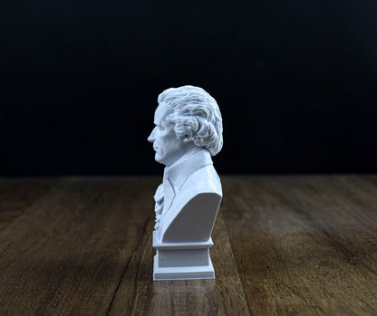 A white bust of a classical musician is displayed on a wooden surface against a dark background.