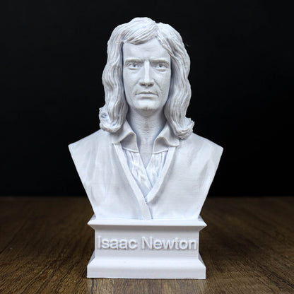A white bust of Isaac Newton, a famous scientist, is displayed on a wooden surface.
