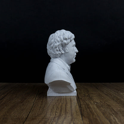 A white bust of a man's head is displayed on a wooden surface against a dark background.