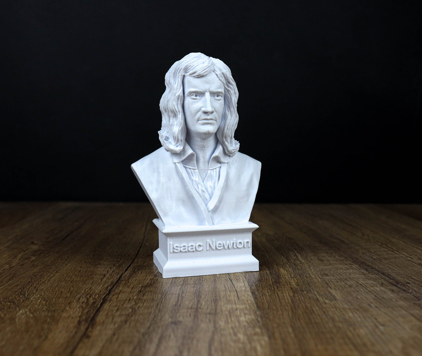 A white bust of Isaac Newton, a famous scientist, is displayed on a wooden surface against a black background.