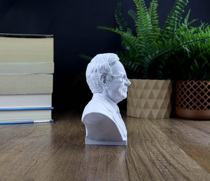 A white bust of a man is displayed on a wooden surface, surrounded by books and a potted plant.