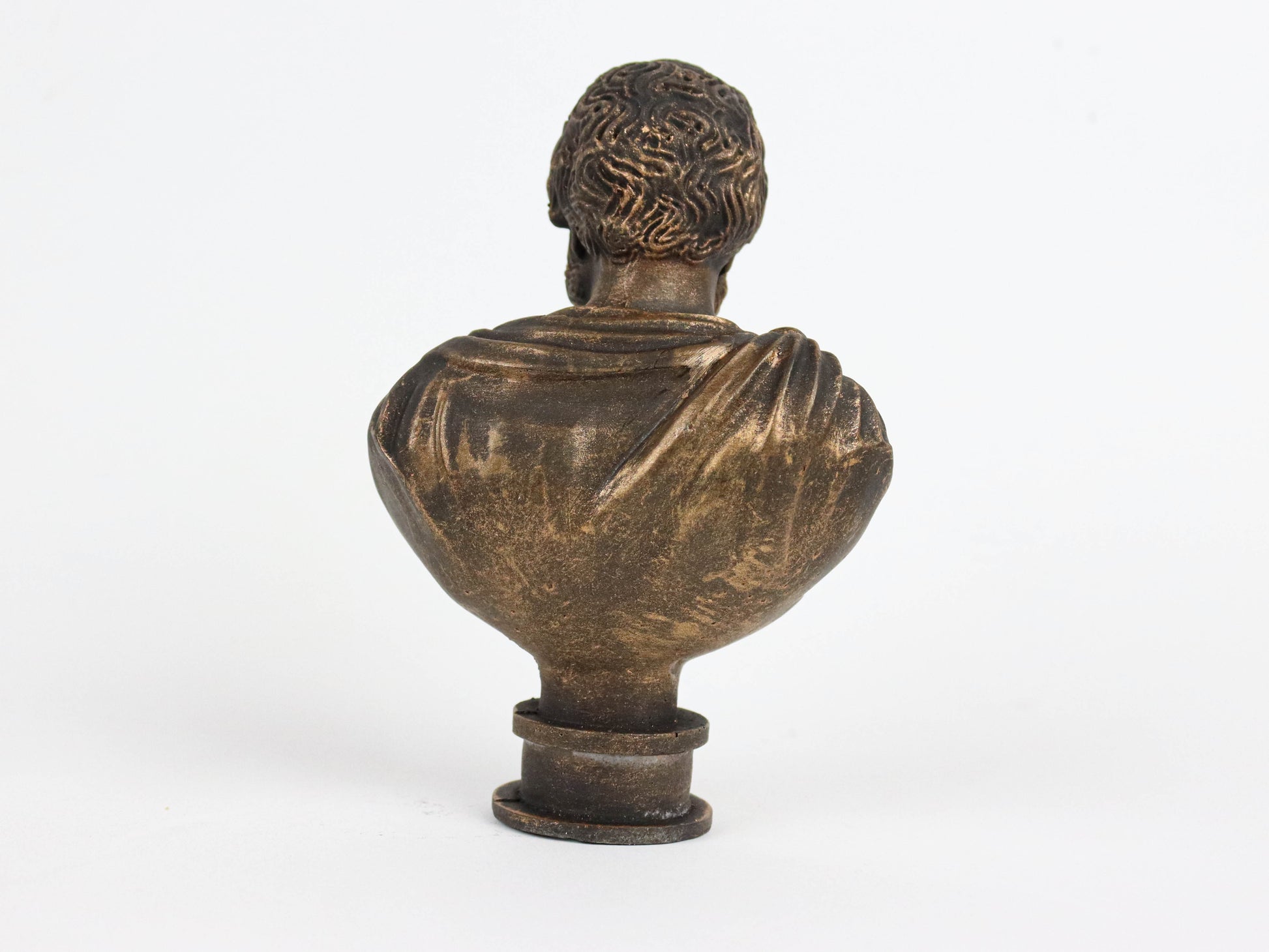 A bronze bust of a person facing away from the camera, with a draped cloth draped over the shoulders.
