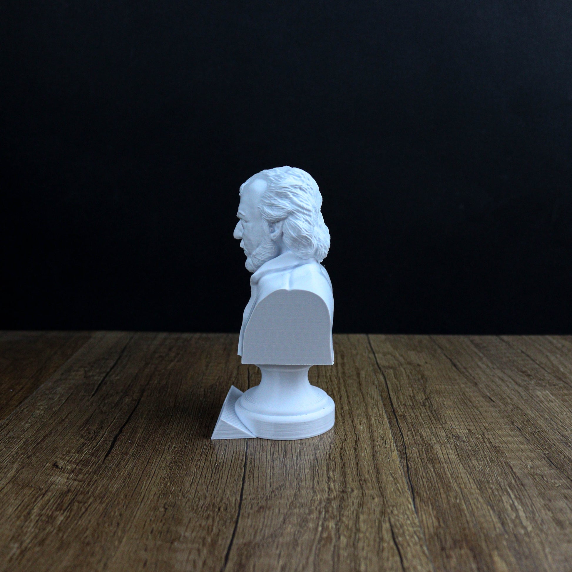 A white bust of a person is sitting on a wooden surface against a dark background.
