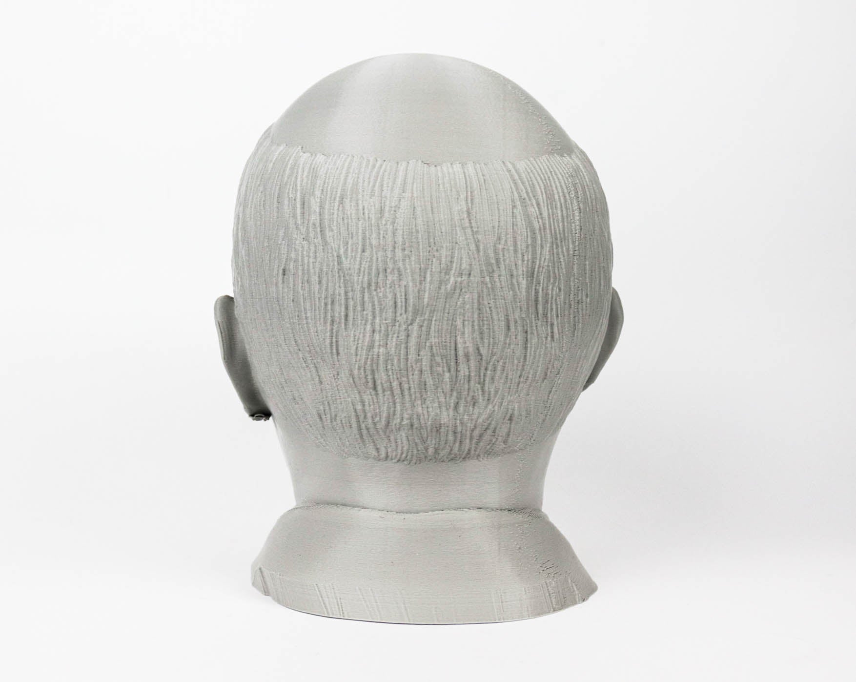A gray bust sculpture of a person's head facing away from the camera.
