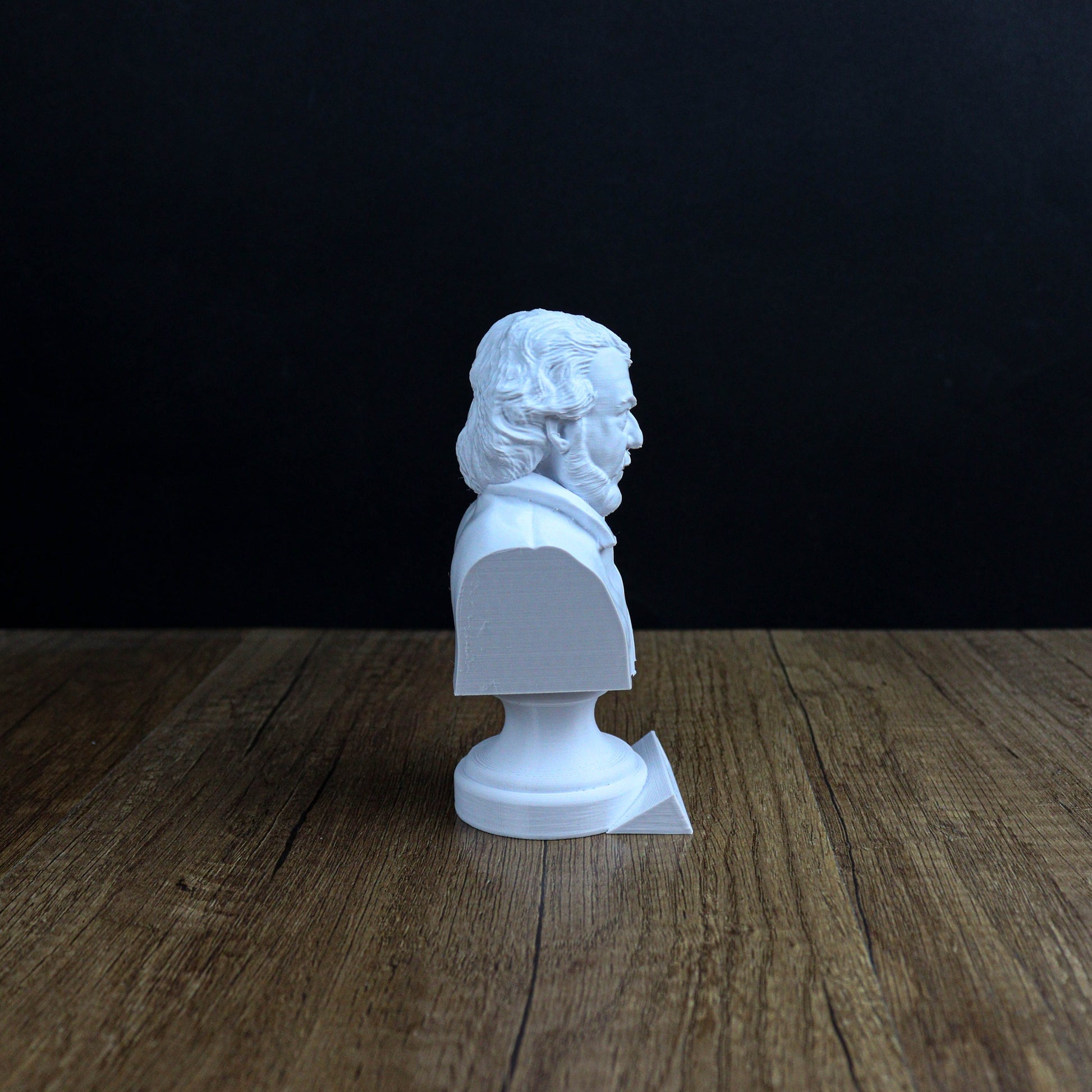 A white bust of a person is sitting on a wooden surface against a dark background.