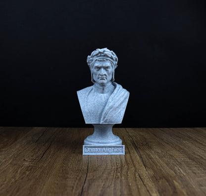 A small bust statue of a man with a serious expression, placed on a wooden surface against a dark background.