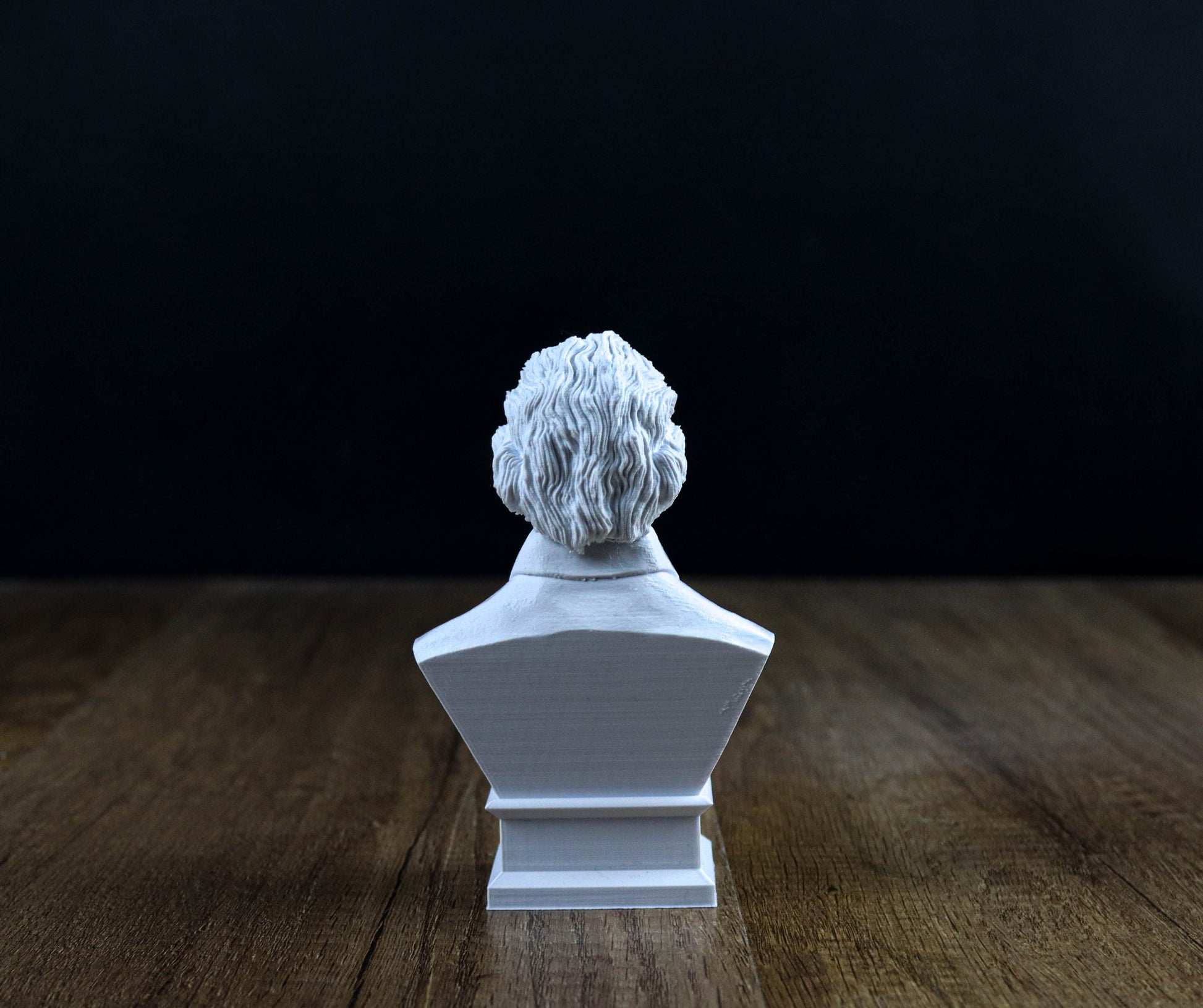 A white bust of a person is displayed on a wooden surface against a dark background.
