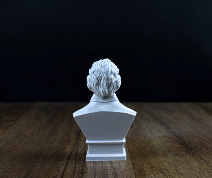 A white bust of a person is displayed on a wooden surface against a dark background.