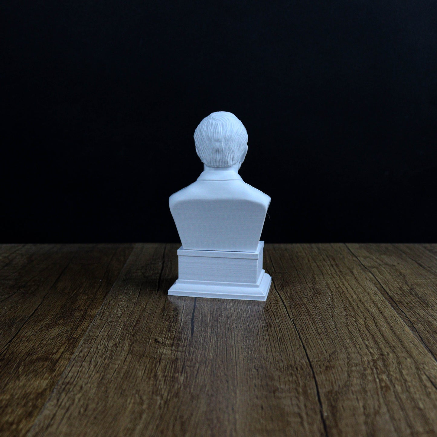 A white bust of a person sitting on a wooden surface against a dark background.
