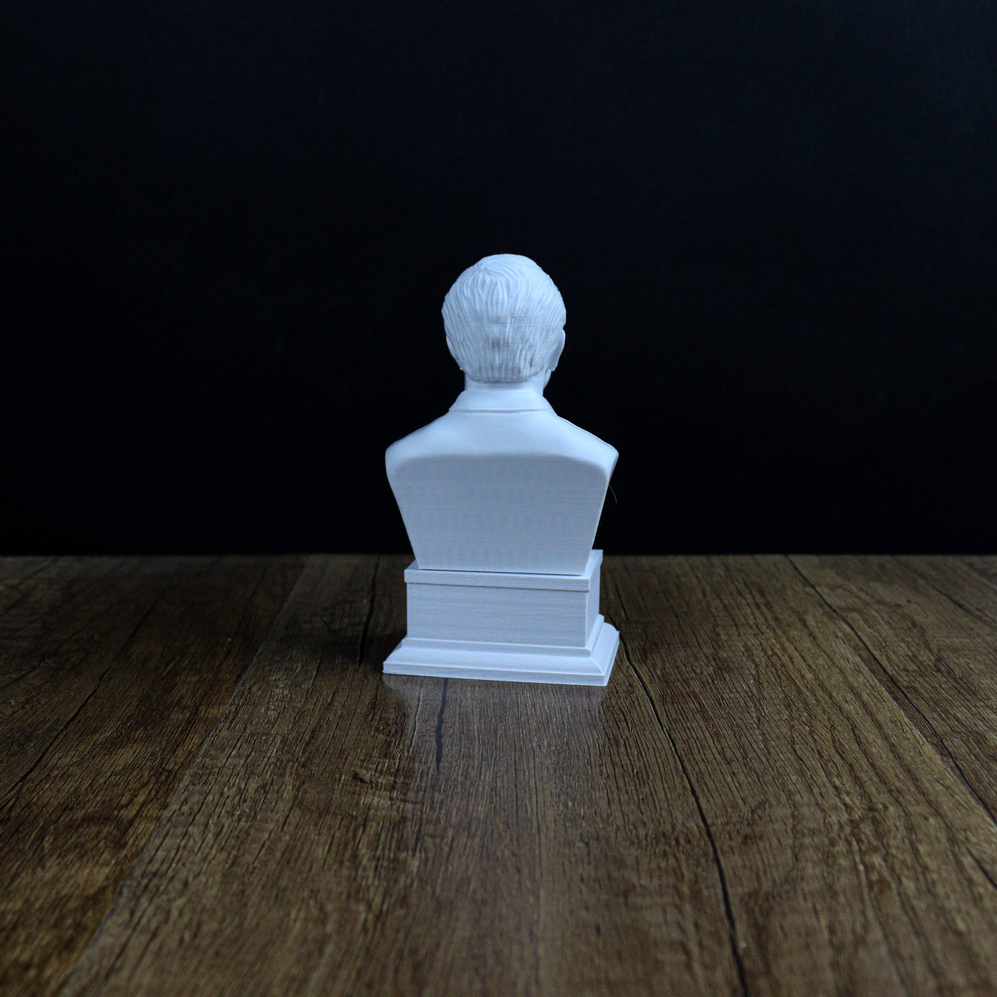 A white bust of a person sitting on a wooden surface against a dark background.