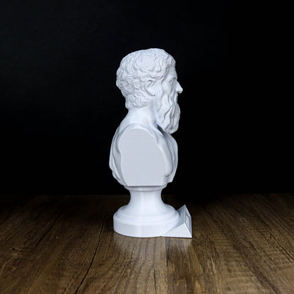 A white bust of a bearded man is displayed on a wooden surface against a black background.
