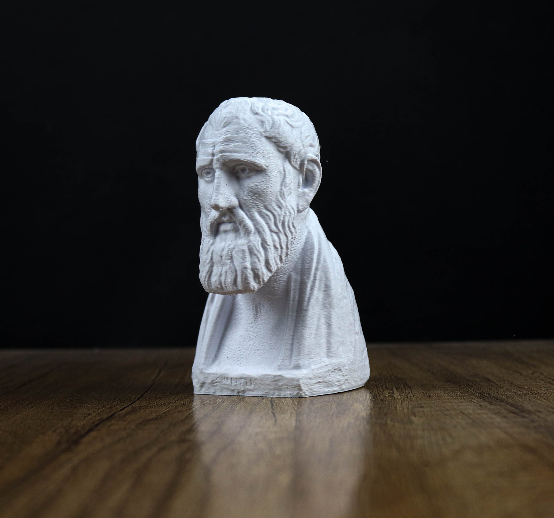 A white bust of a bearded man is displayed on a wooden surface against a black background.