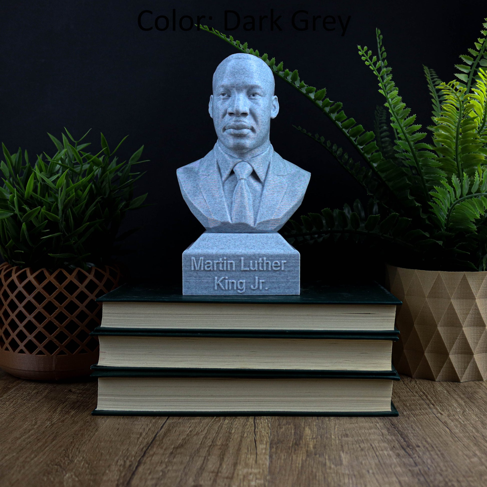 A bust of Martin Luther King Jr. is displayed on top of three books, surrounded by potted plants.