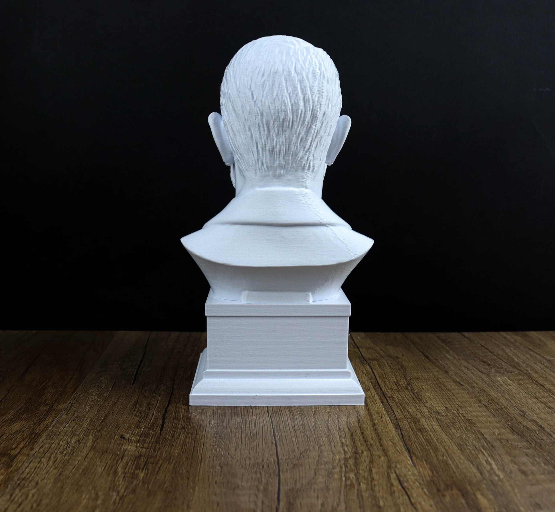 A white bust of a person's head is displayed on a wooden surface against a black background.
