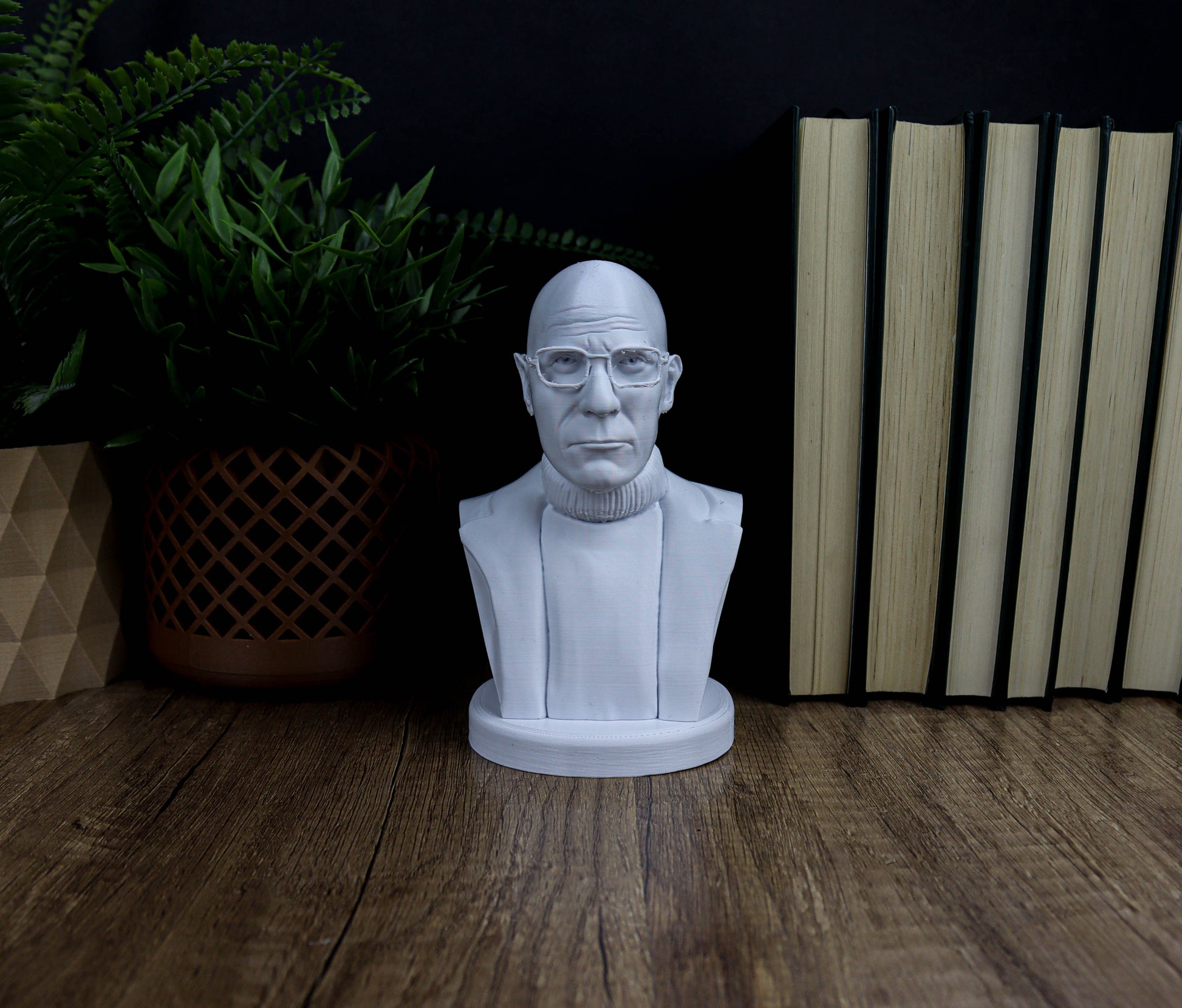 A white bust of a man is displayed on a wooden surface, surrounded by a potted plant and a stack of books.