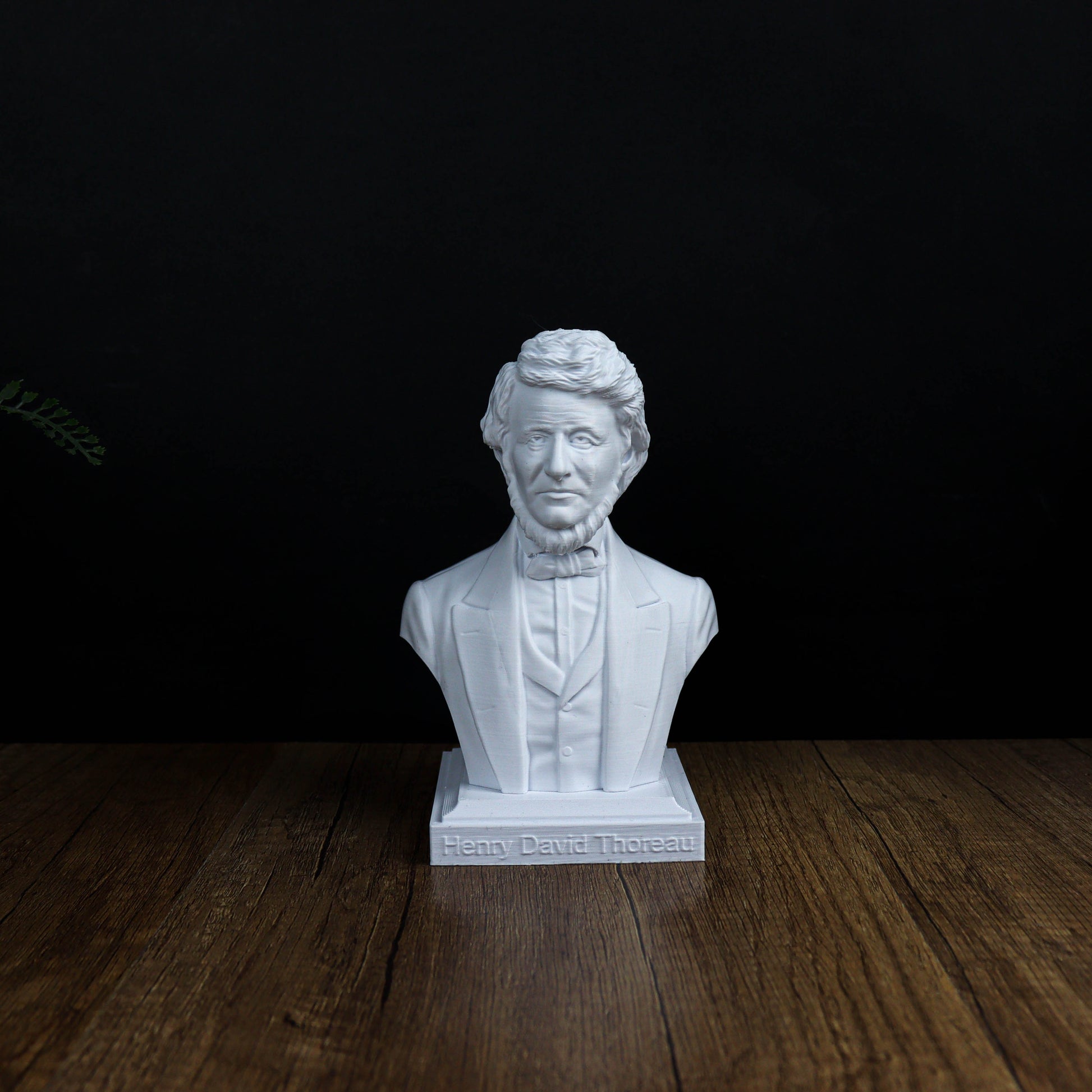 A white bust of a man, likely a historical figure, displayed on a wooden surface against a black background.