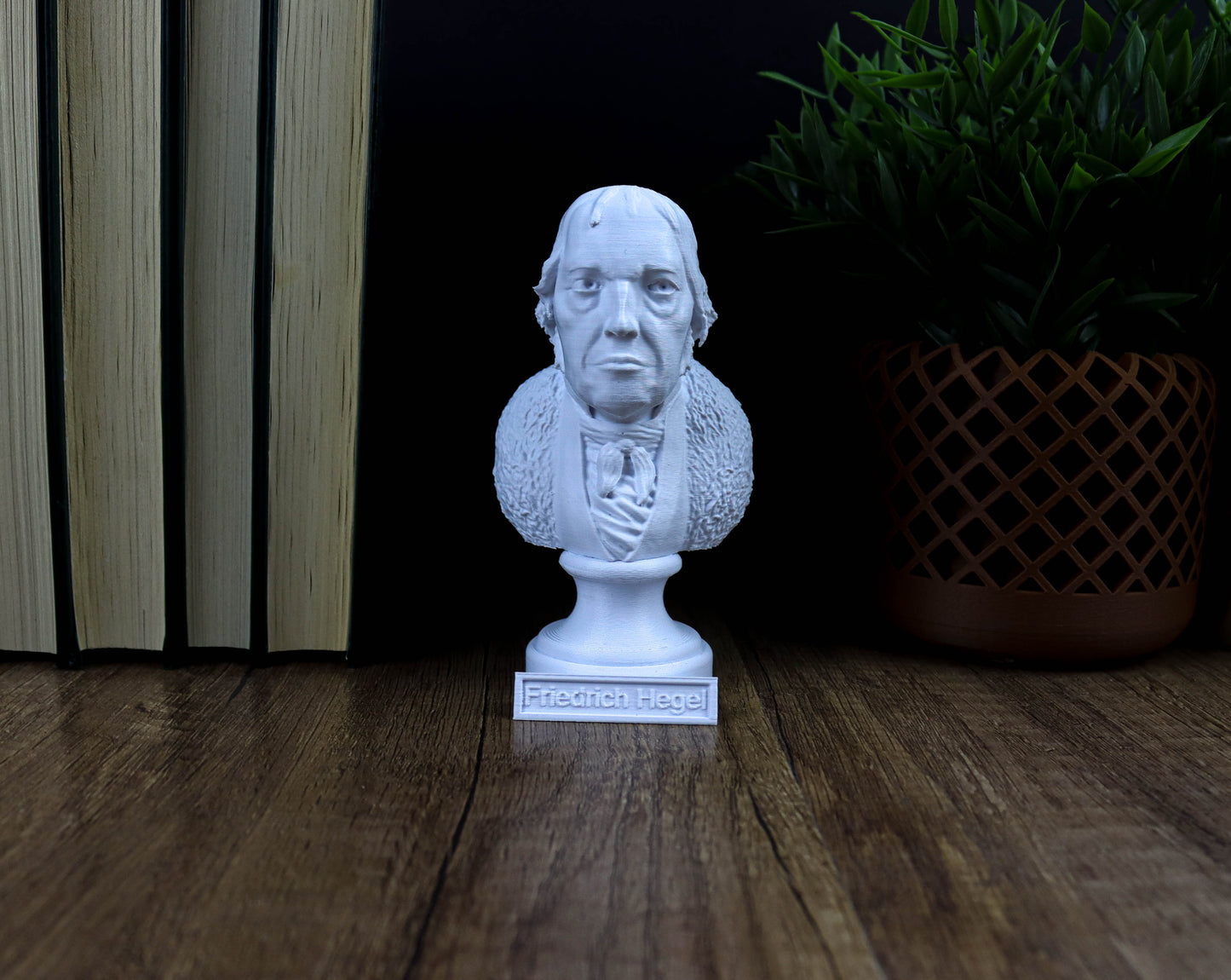 A white bust of a man is displayed on a wooden surface, surrounded by books and a potted plant.