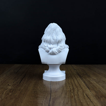 A white bust sculpture is displayed on a wooden surface against a dark background.