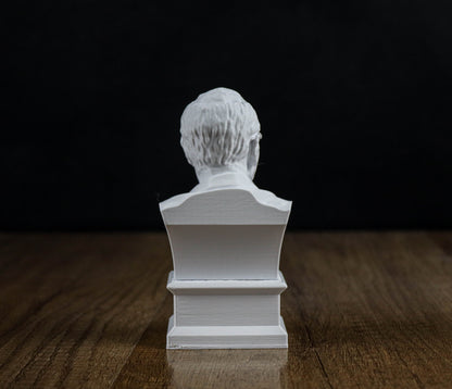 A white bust of a person sitting on a wooden surface against a black background.