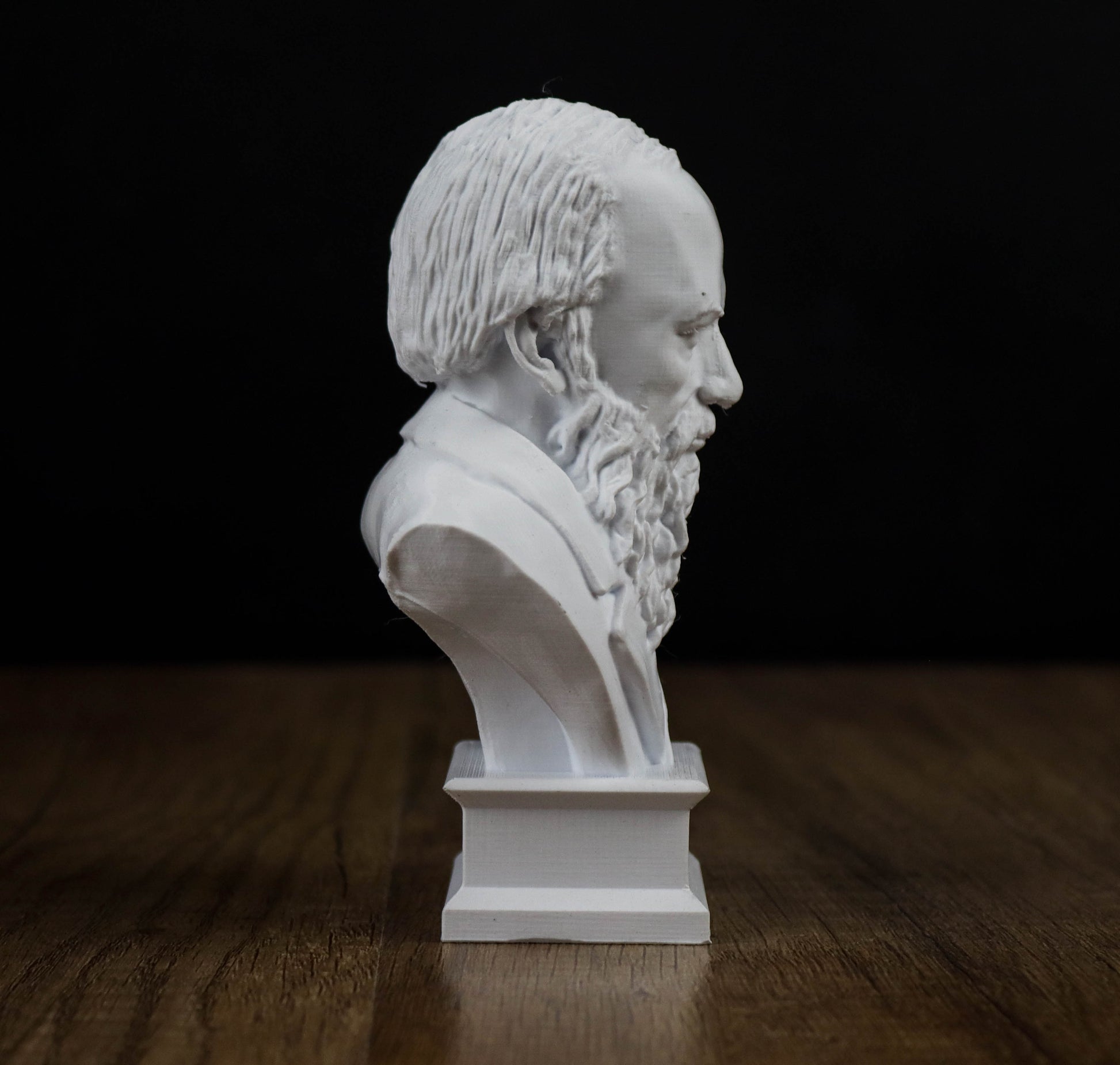 A white bust of a bearded man is displayed on a wooden surface against a black background.