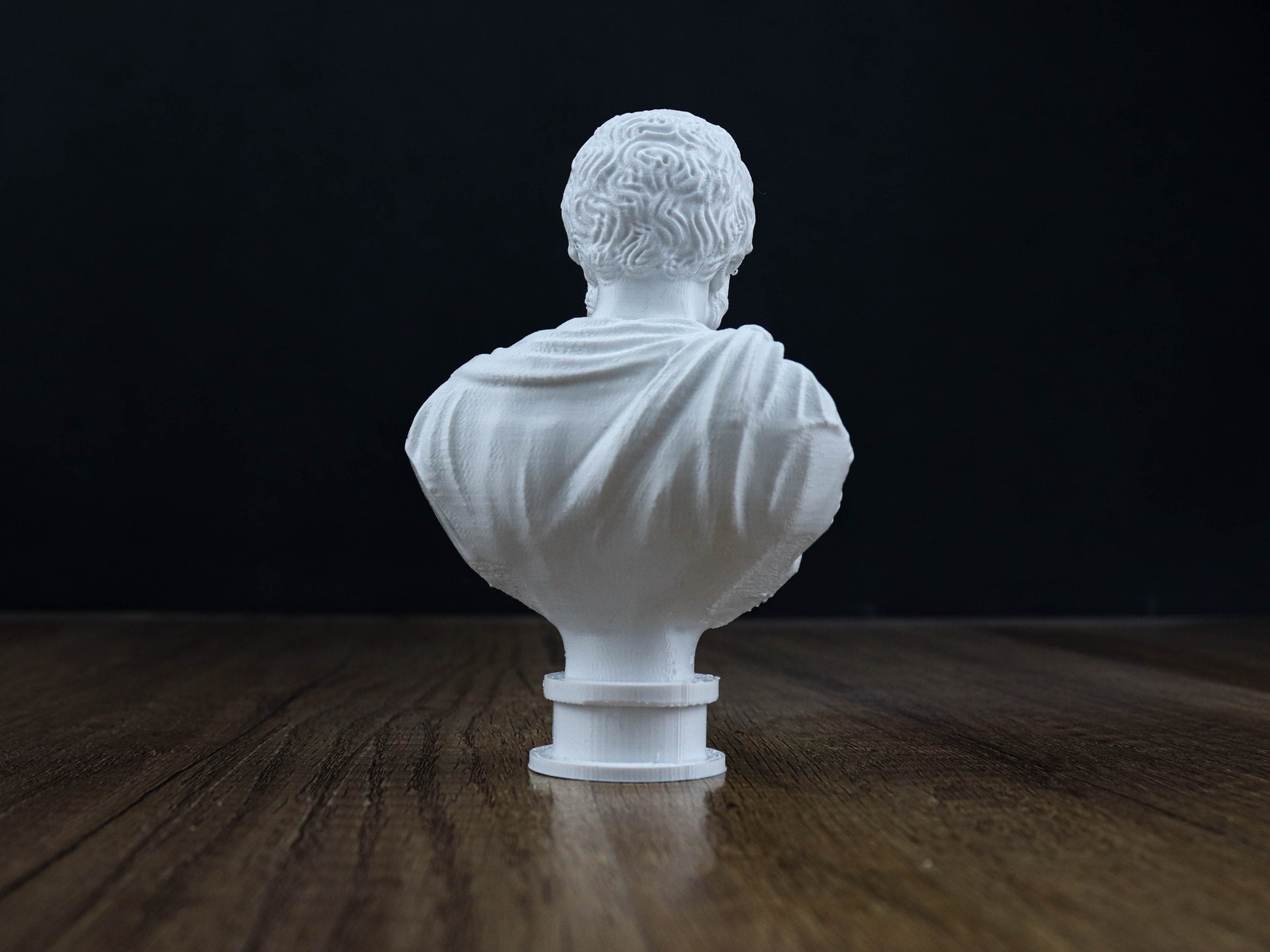 A white bust of a person is displayed on a wooden surface against a dark background.