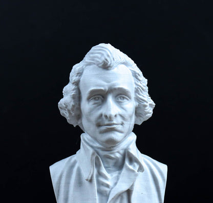 A white bust of a man with curly hair and a serious expression, set against a black background.
