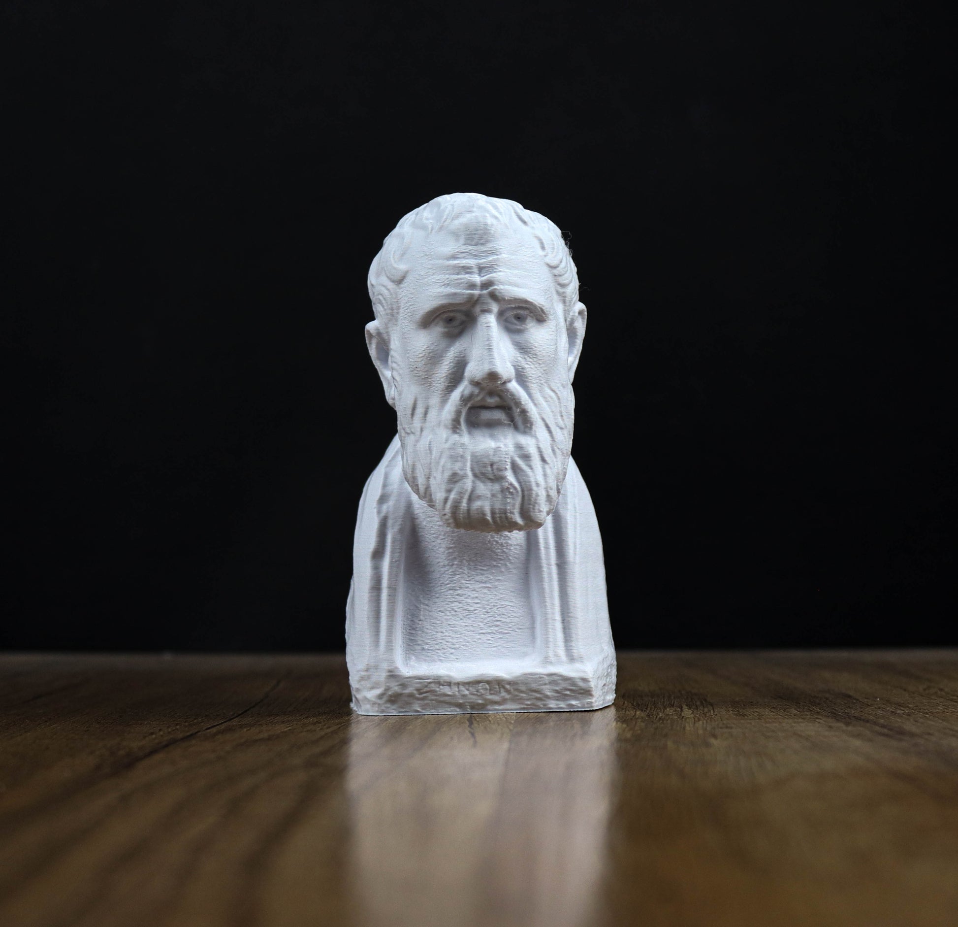 A white bust of a bearded man is displayed on a wooden surface against a black background.